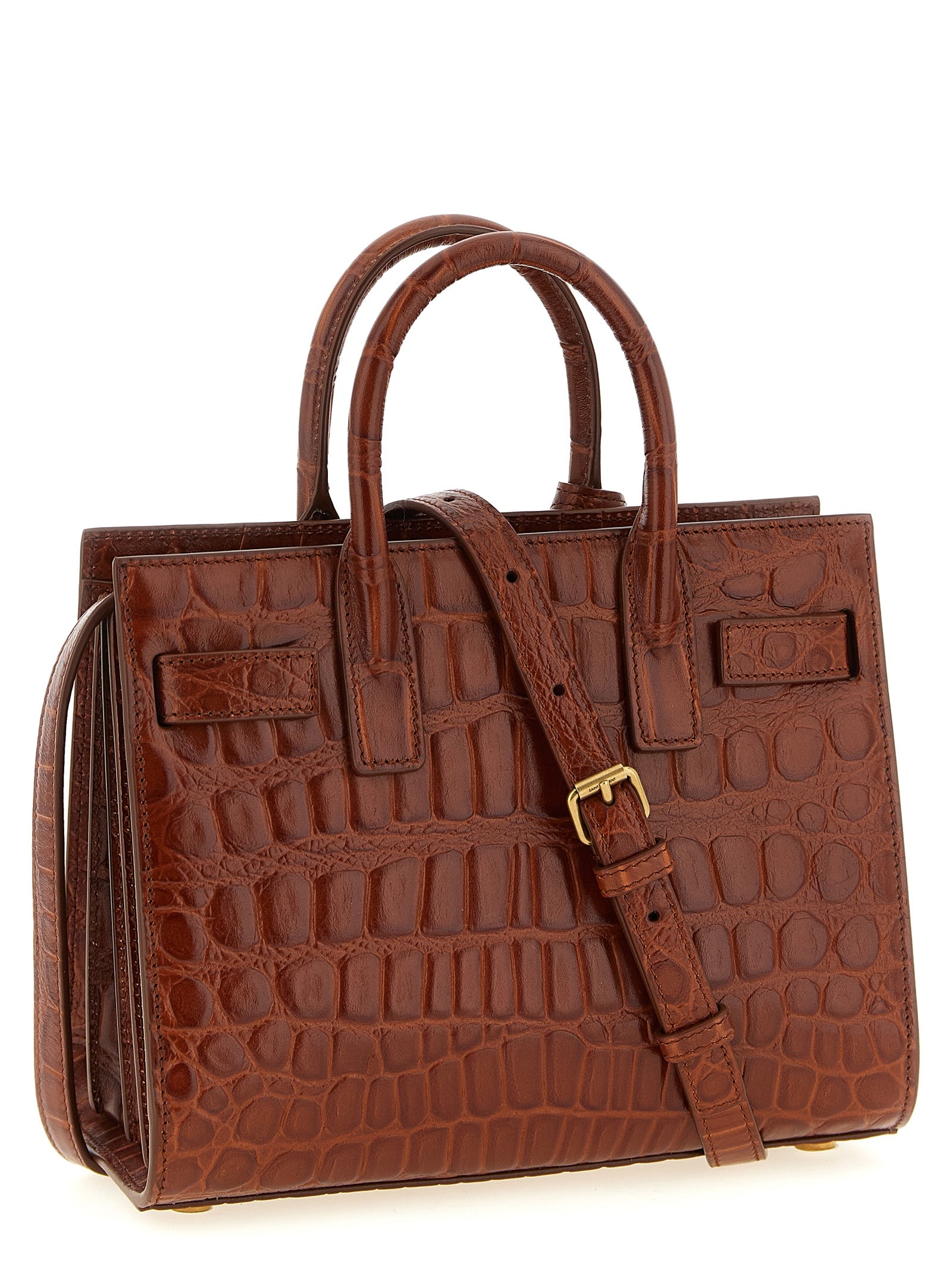 Brown Saint Laurent Nano Sac De Jour satchel, side view showing gusset straps