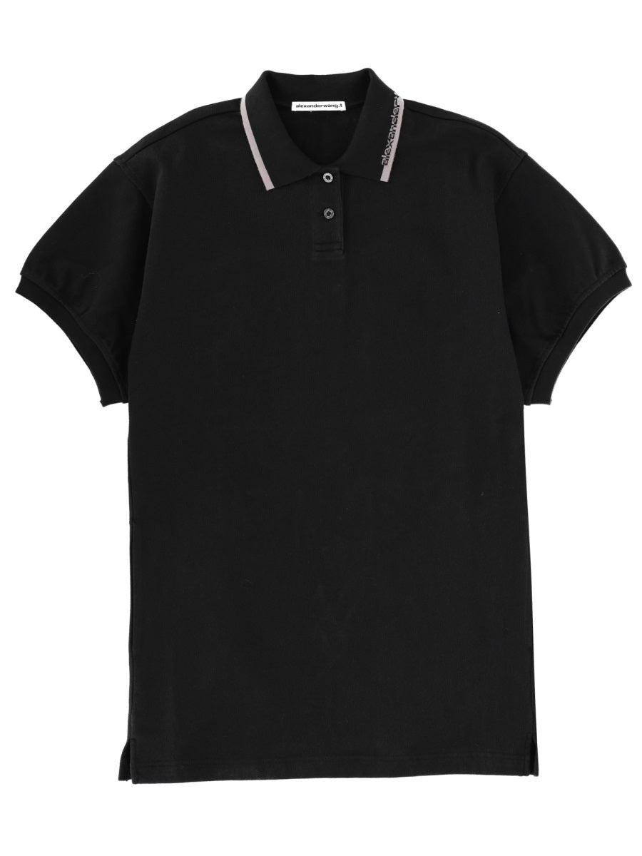 Black cotton polo mini dress with button placket by T by Alexander Wang, front view