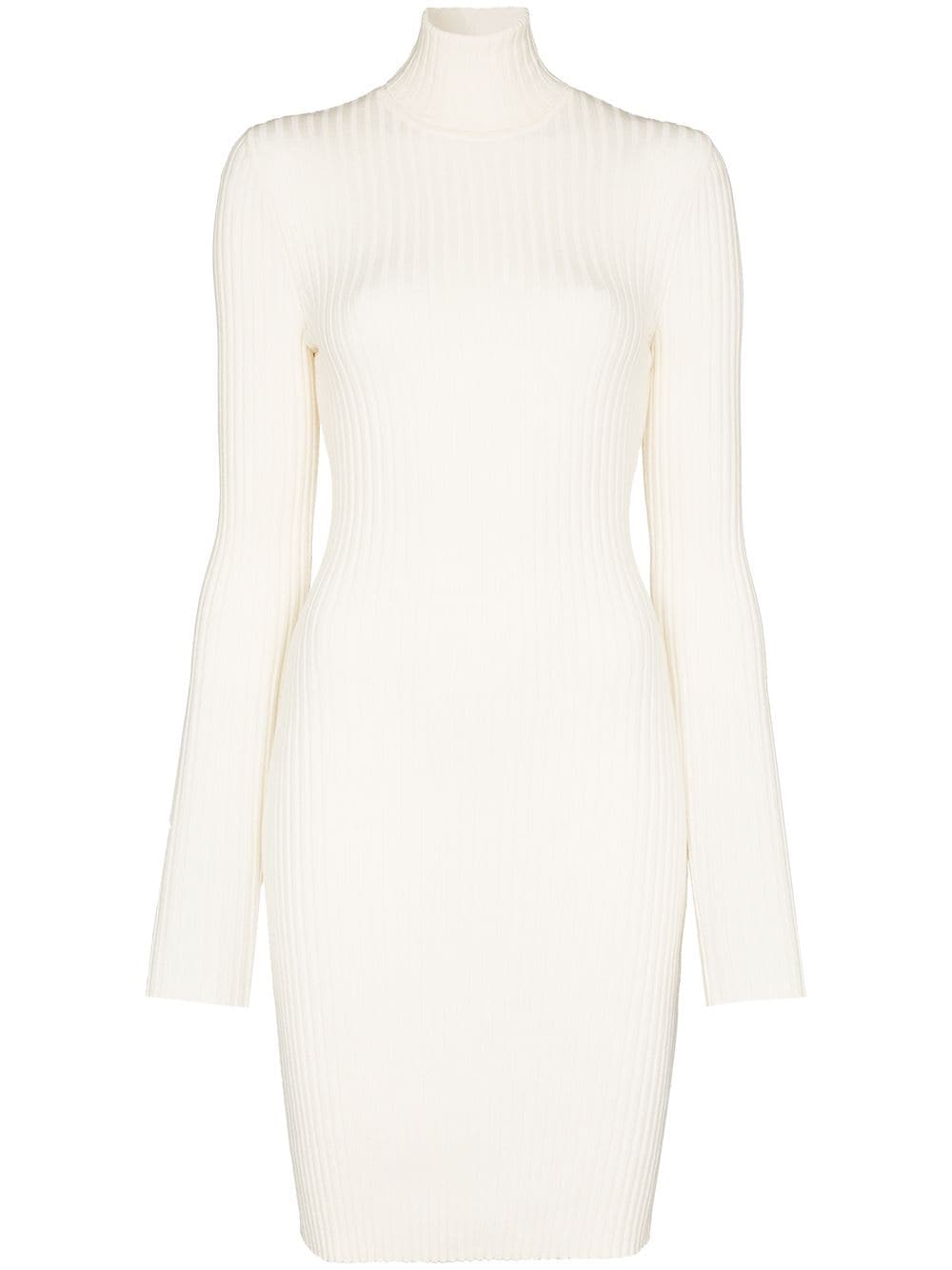 Beige ribbed knit mini dress with roll neck by Wolford, front view