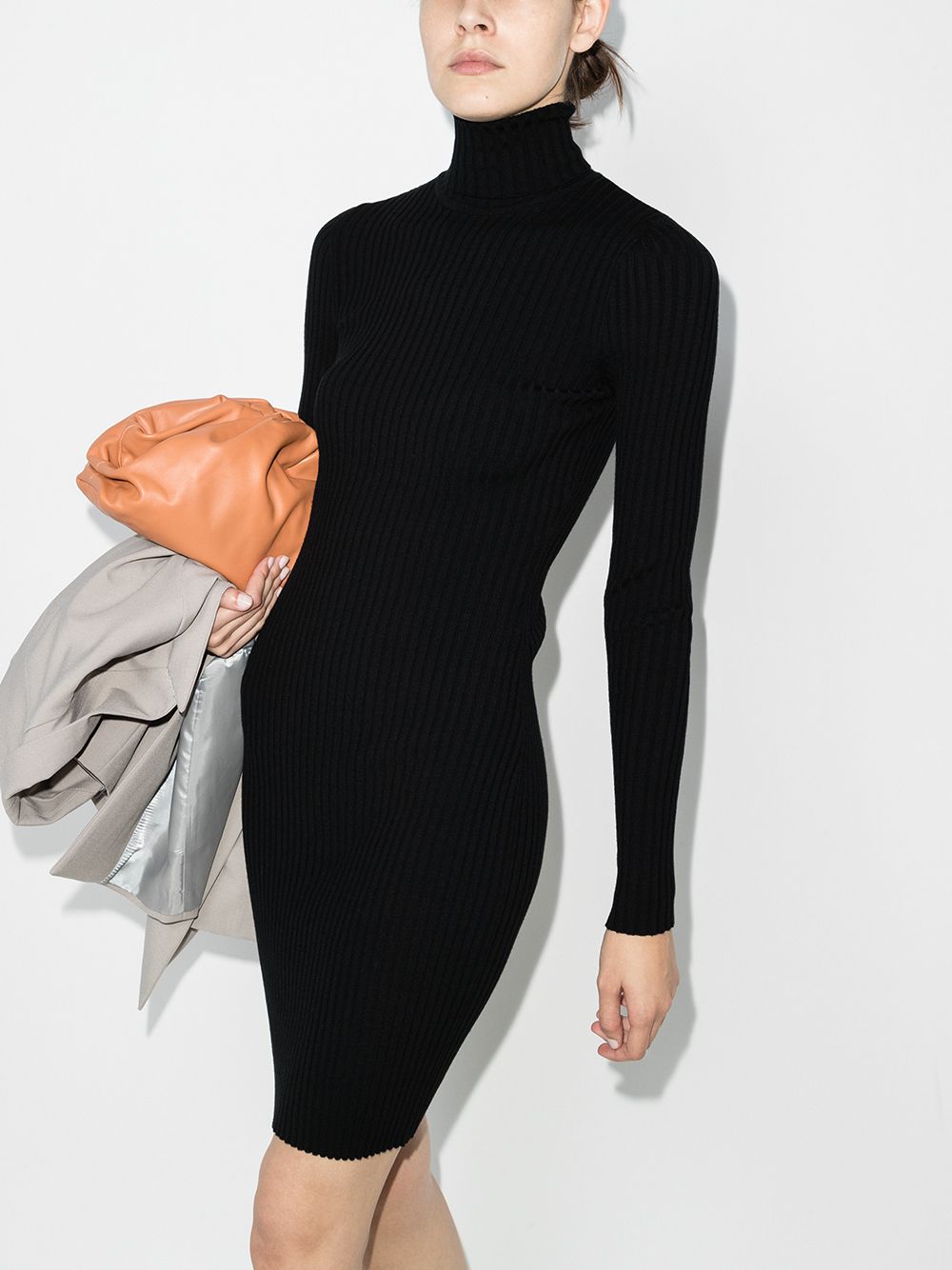 Black Wolford turtleneck dress with long sleeves, side angle