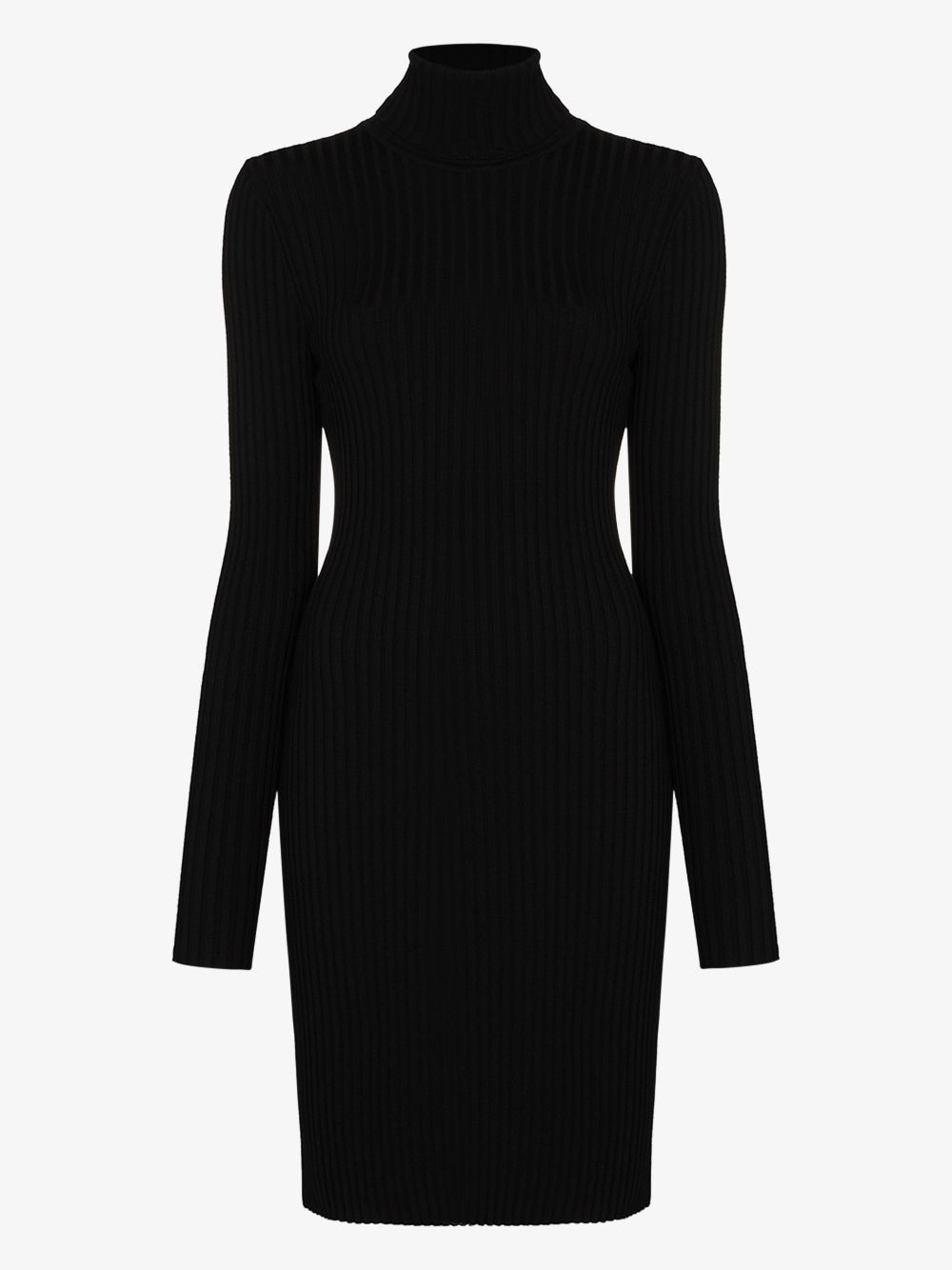 Wolford mini dress detail view, turtleneck and sleeve construction