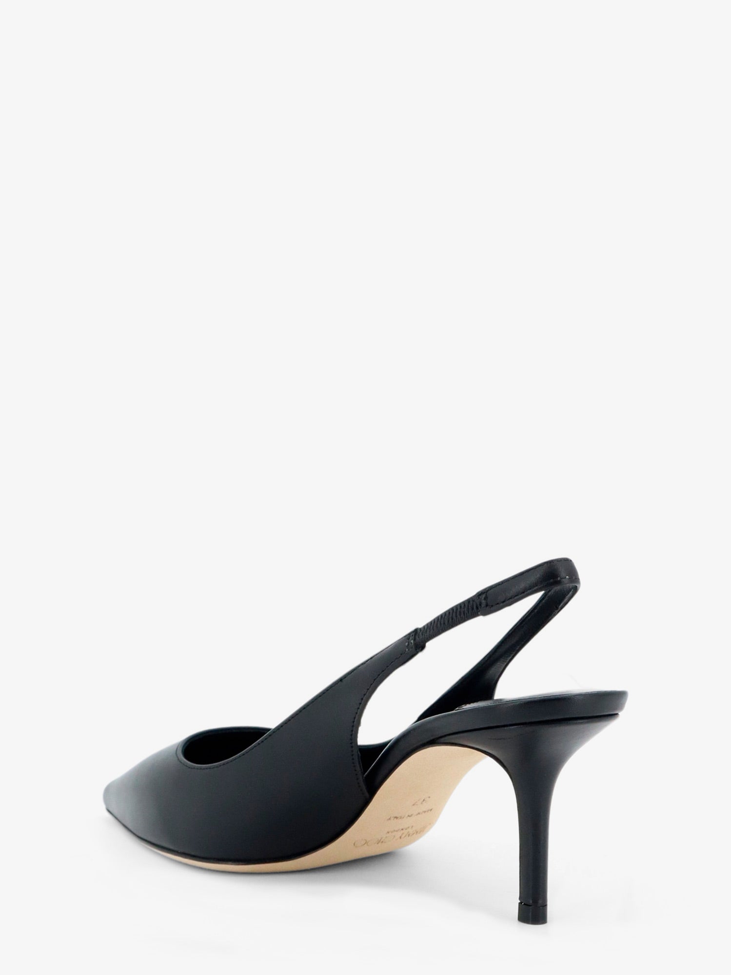 Black leather slingback pump showing elastic strap insert by Jimmy Choo, rear view