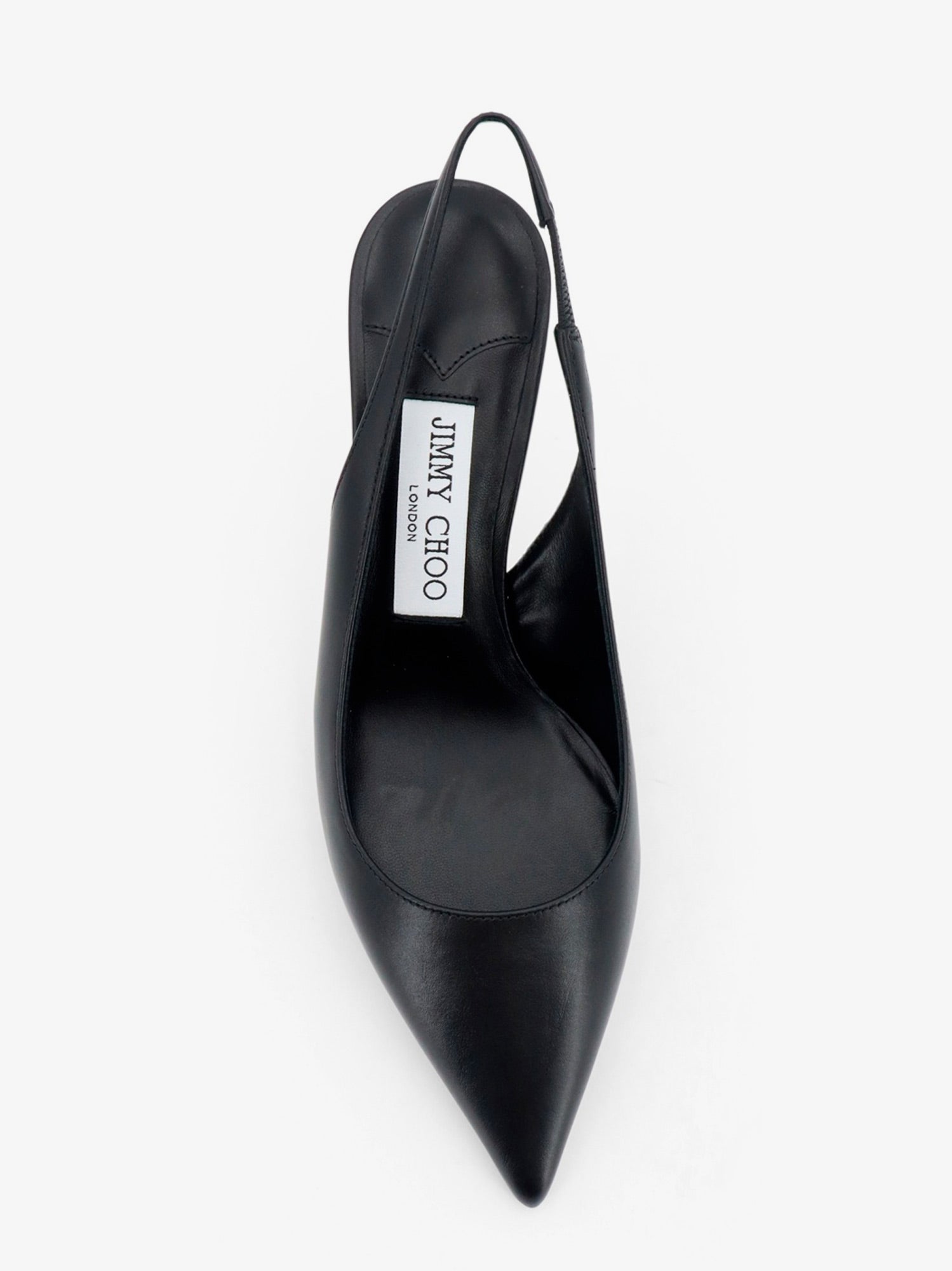 Black Jimmy Choo slingback pump showing suede sole and logo insole detail