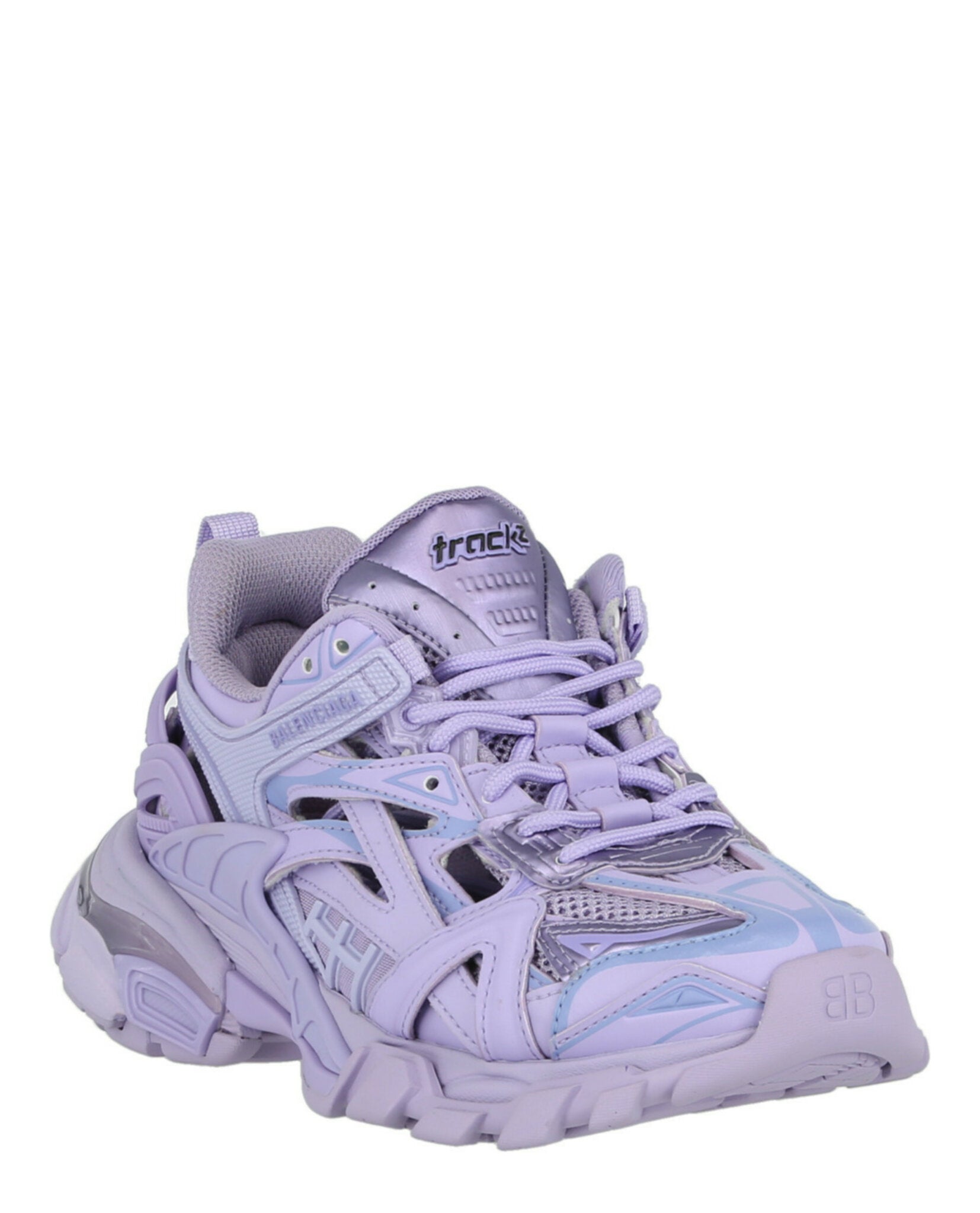 Purple Balenciaga Track sneakers showing lace-up closure, front angle