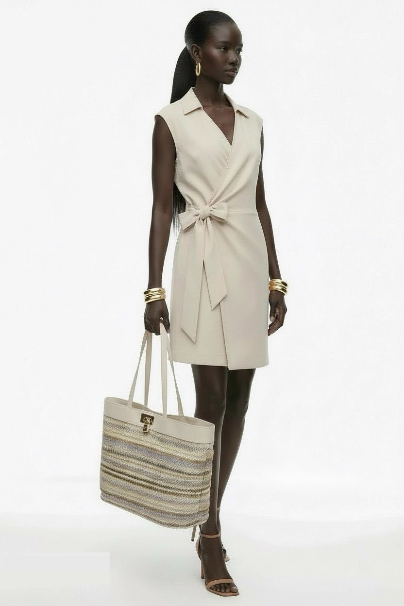 Stone beige wrap dress styled with accessories by Lord & Taylor Heritage