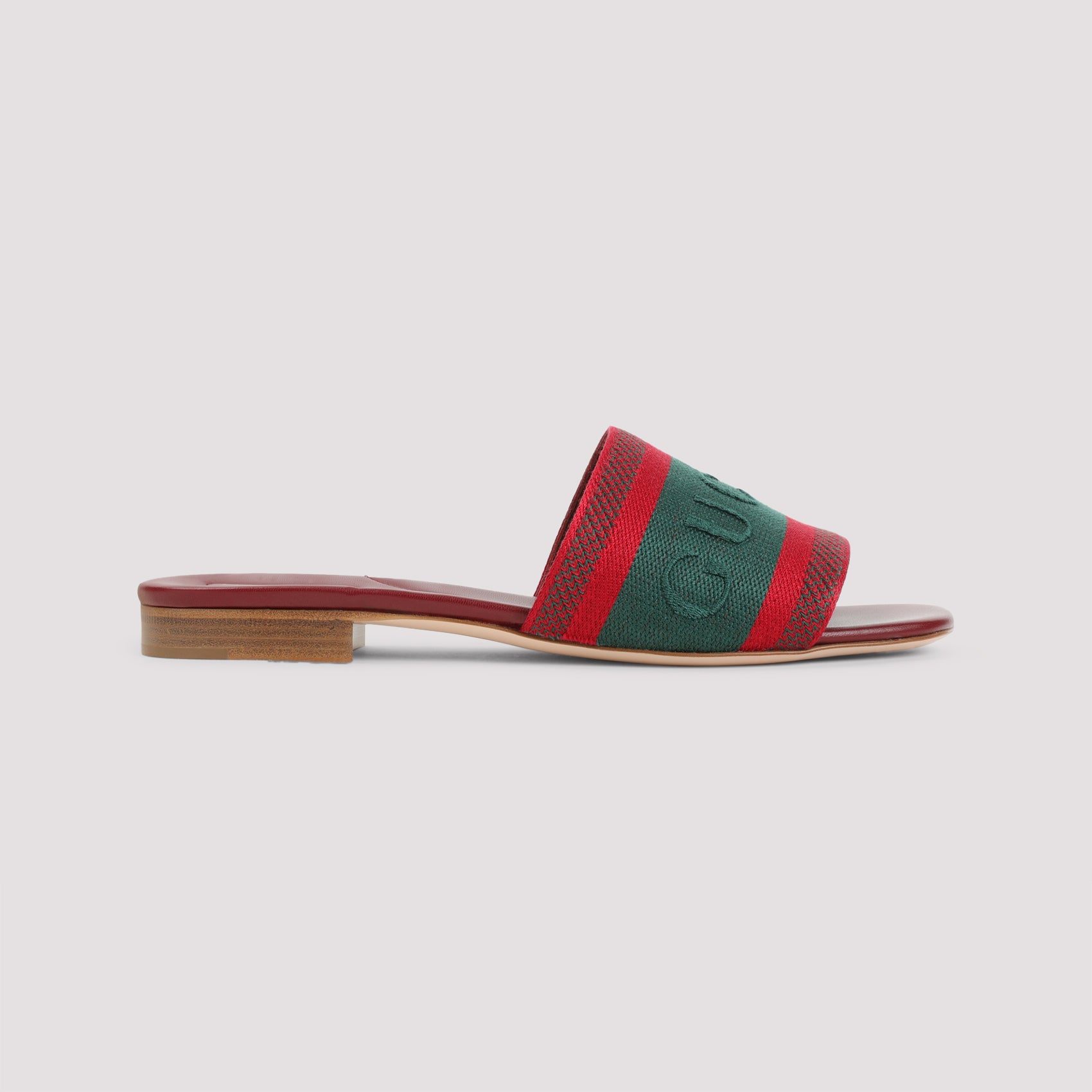 Red and green Gucci Jane slide sandals, front angled view