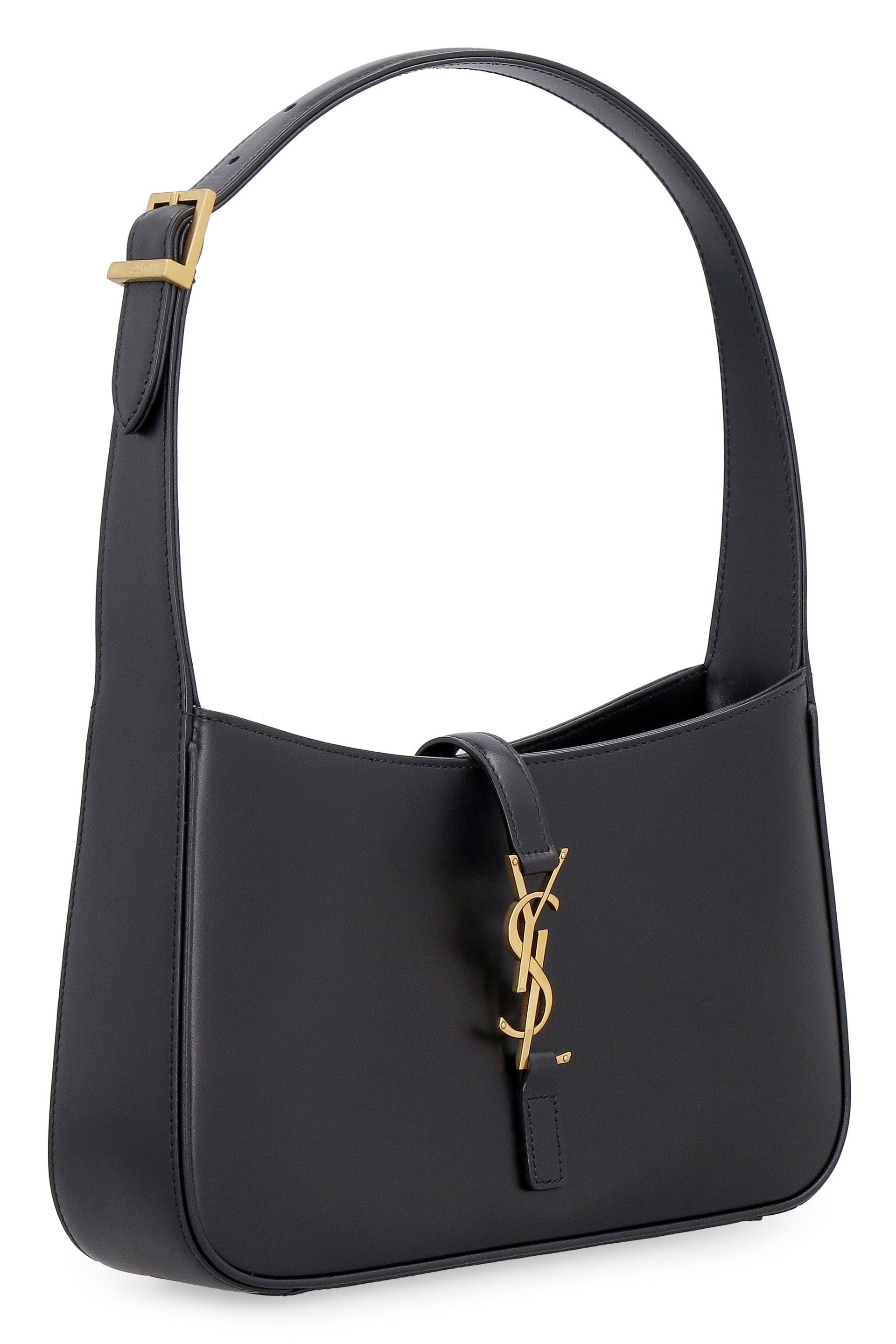 Black calfskin shoulder bag by Saint Laurent, side profile view