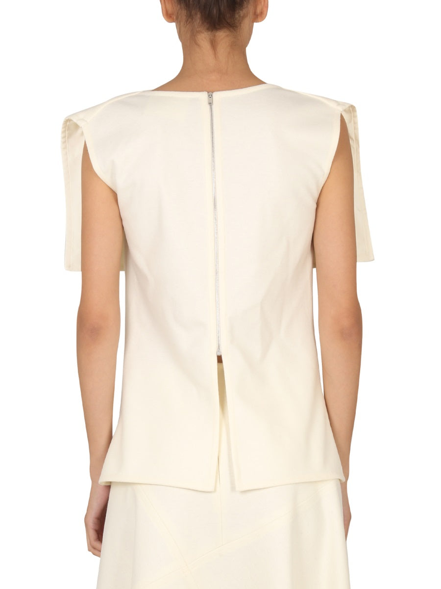 White Jil Sander wool top with back zip closure, rear view