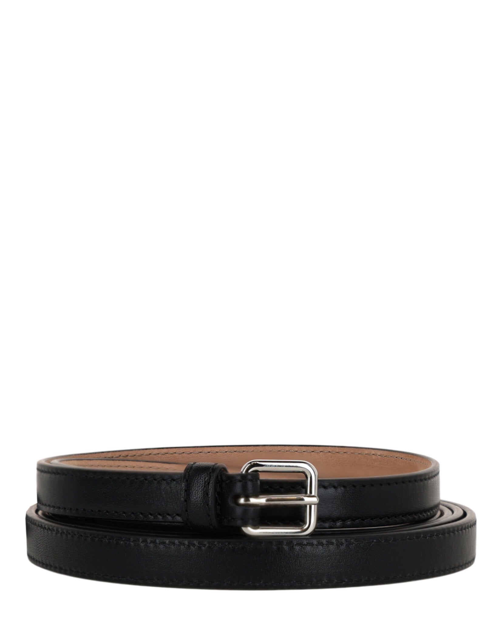 Black calfskin leather double wrap belt with silver hardware by Alexander McQueen, front view