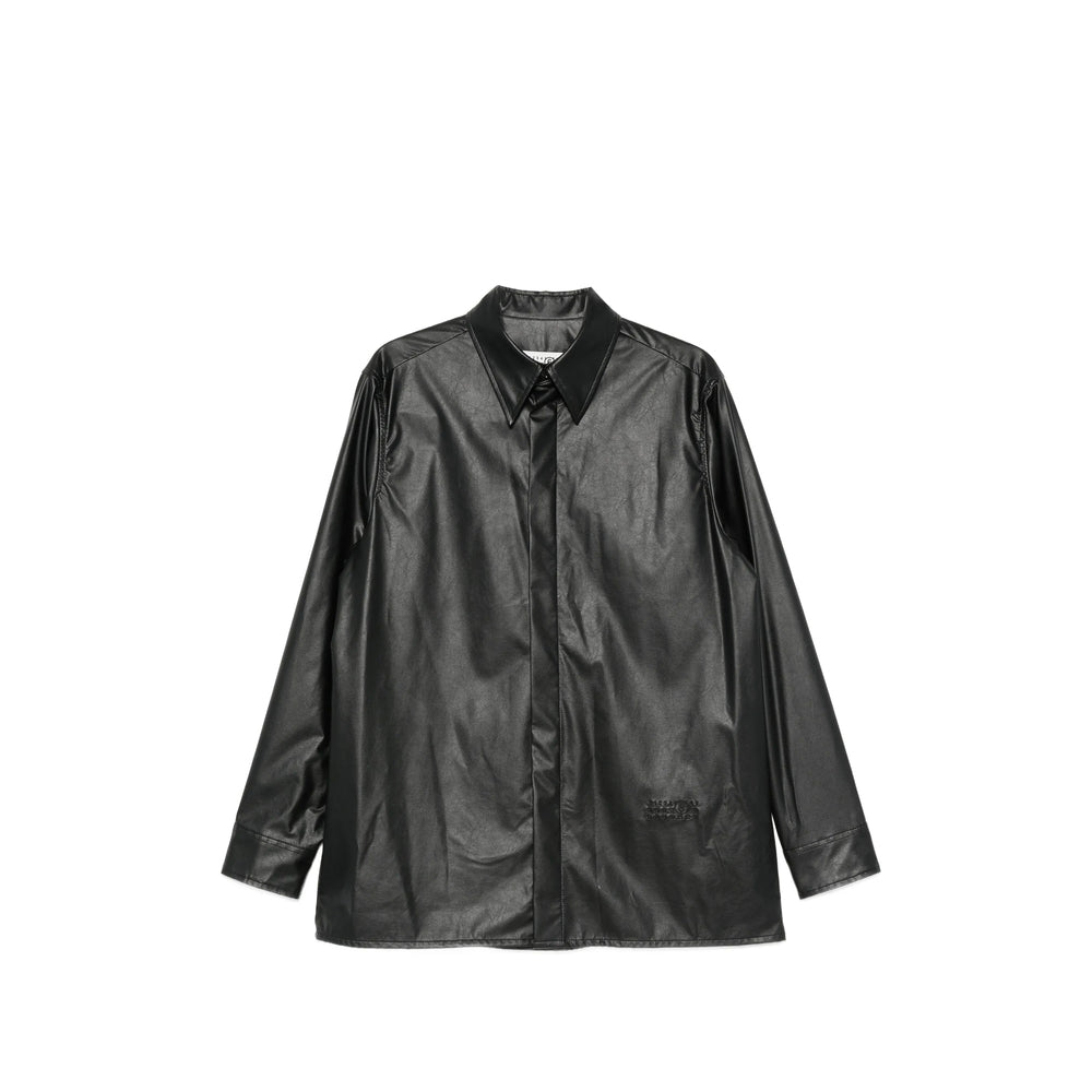 Black coated viscose shirt with embossed logo, front view by MM6 Maison Margiela