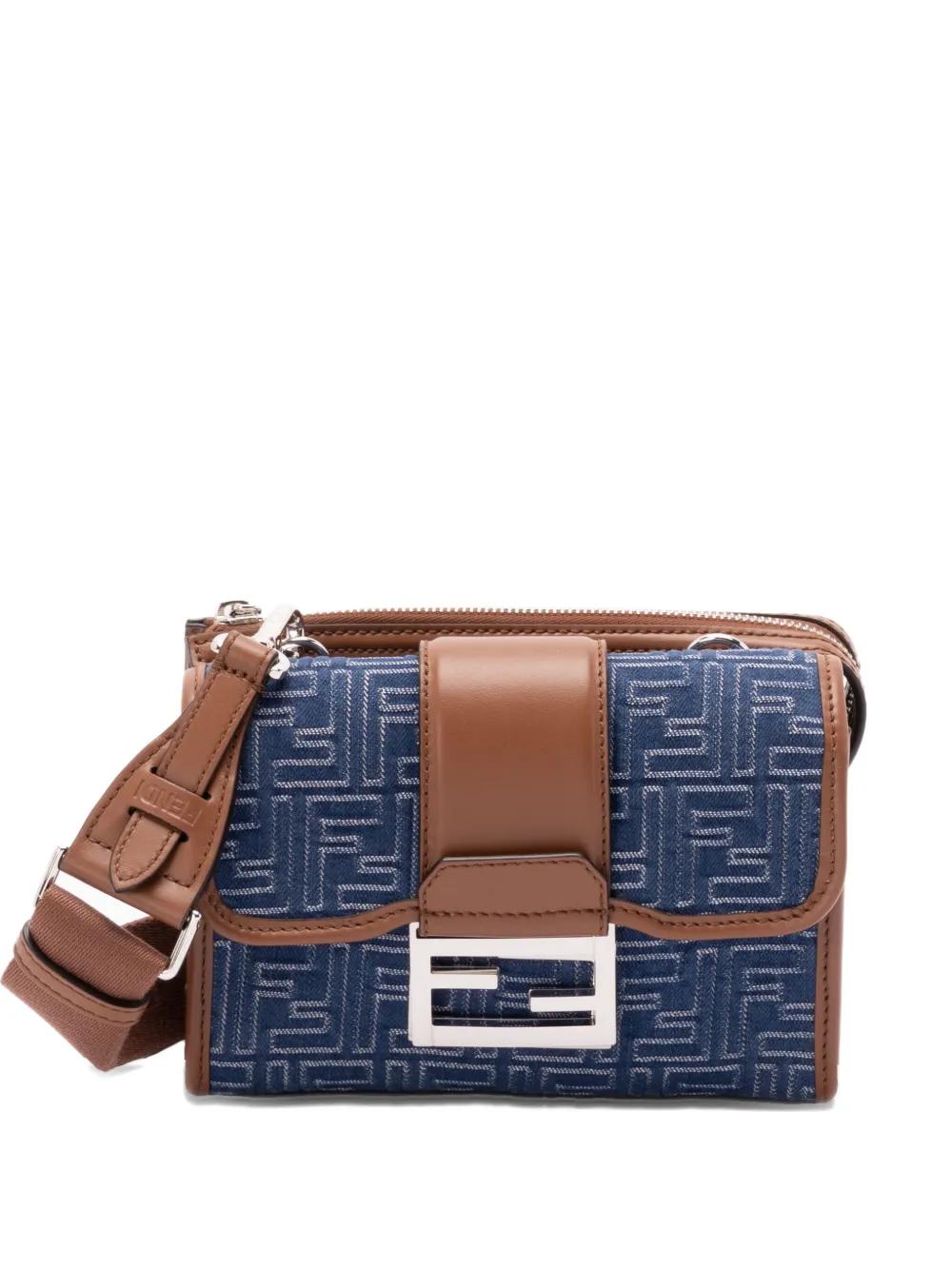DENIM-EFFECT FF JACQUARD AND LEATHER DOUBLE BAGUETTE BAG Fendi BLUE UNICA