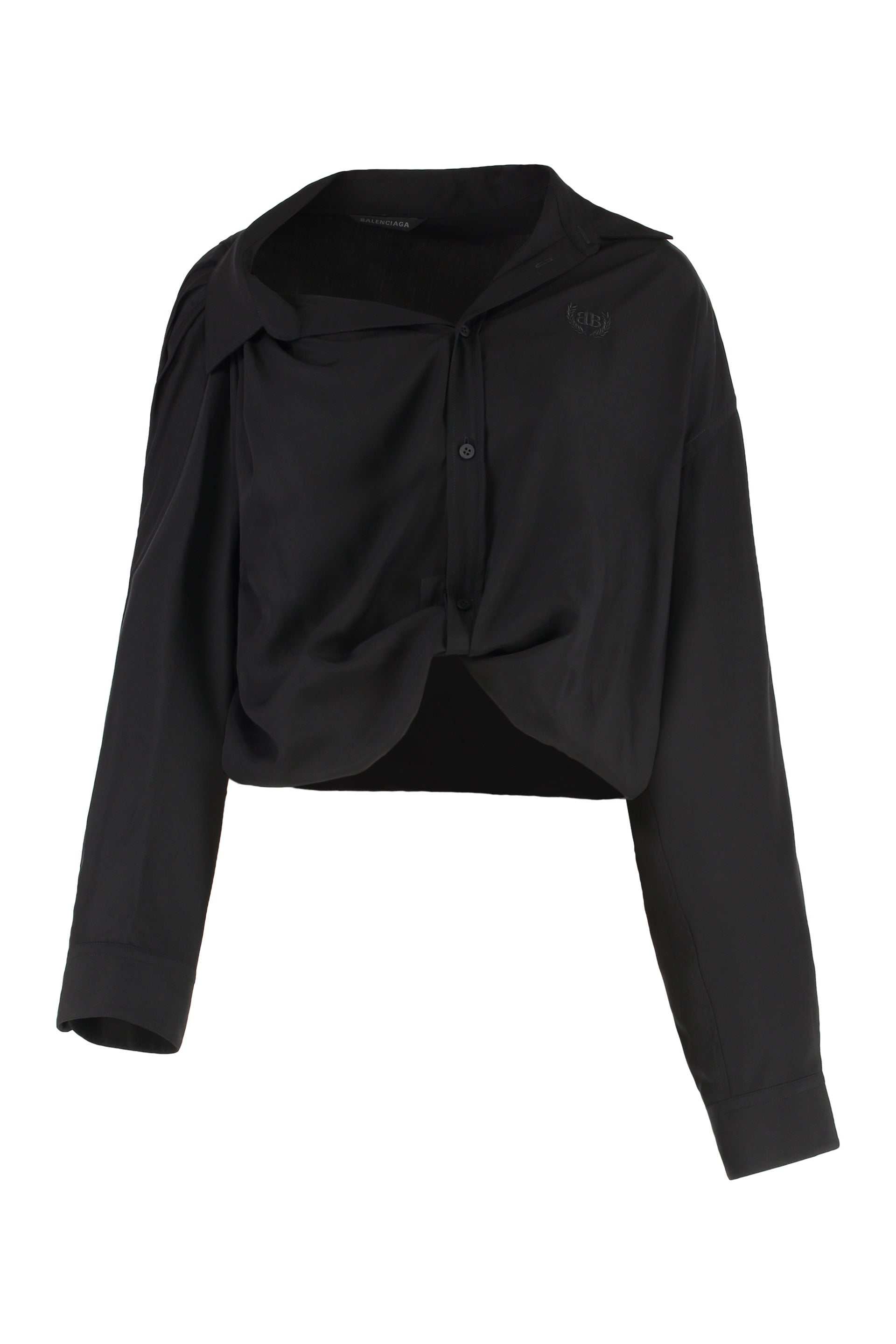 Black Balenciaga lyocell shirt with pointed collar and gathered detailing, front view