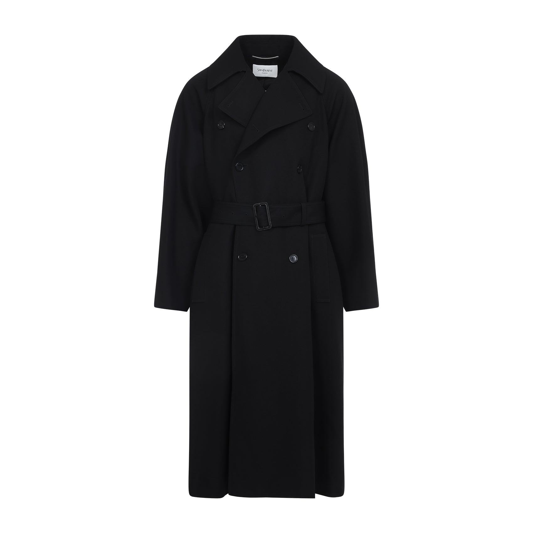 DOUBLE-BREASTED LONG COAT IN GRAIN DE POUDRE Saint Laurent BLACK T1