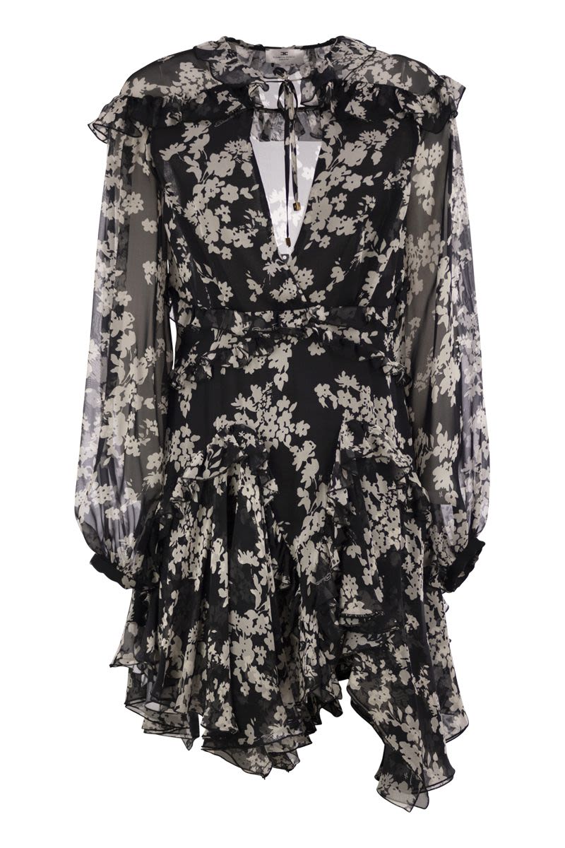 PRINTED SILK VOILE DRESS WITH RUFFLES Elisabetta Franchi BLACK/BUTTER 46