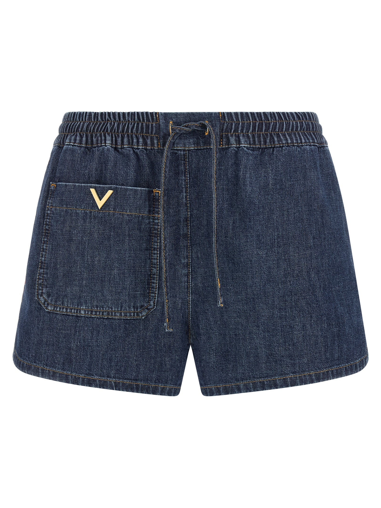 Blue chambray denim shorts with gold VLogo detail, front view by Valentino Garavani