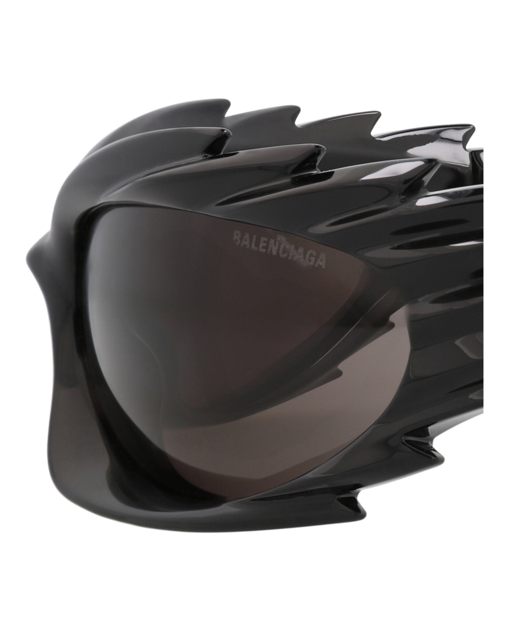 Black shield-frame sunglasses by Balenciaga, top view showing frame width