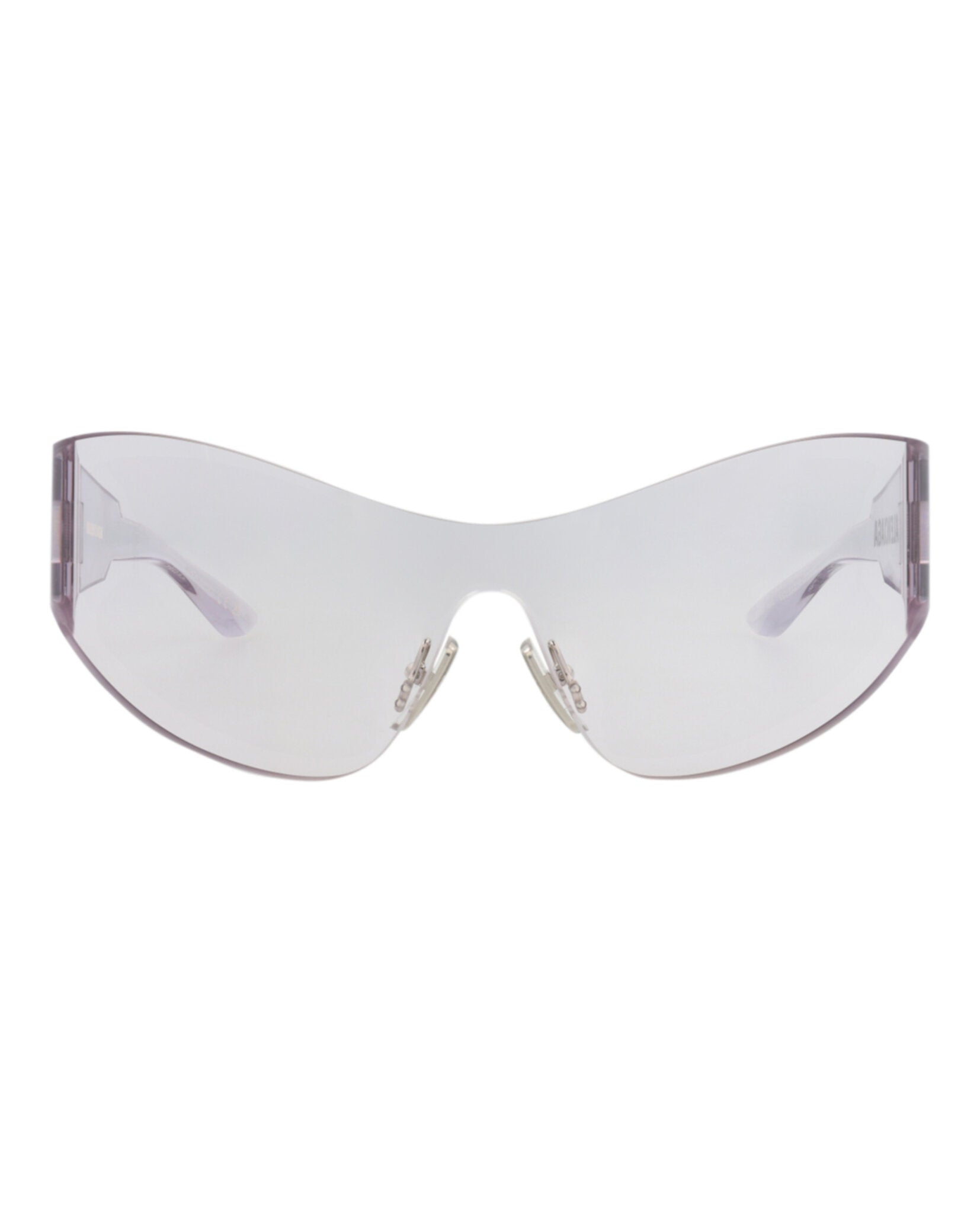Black geometric shield sunglasses with nylon frame by Balenciaga, front view