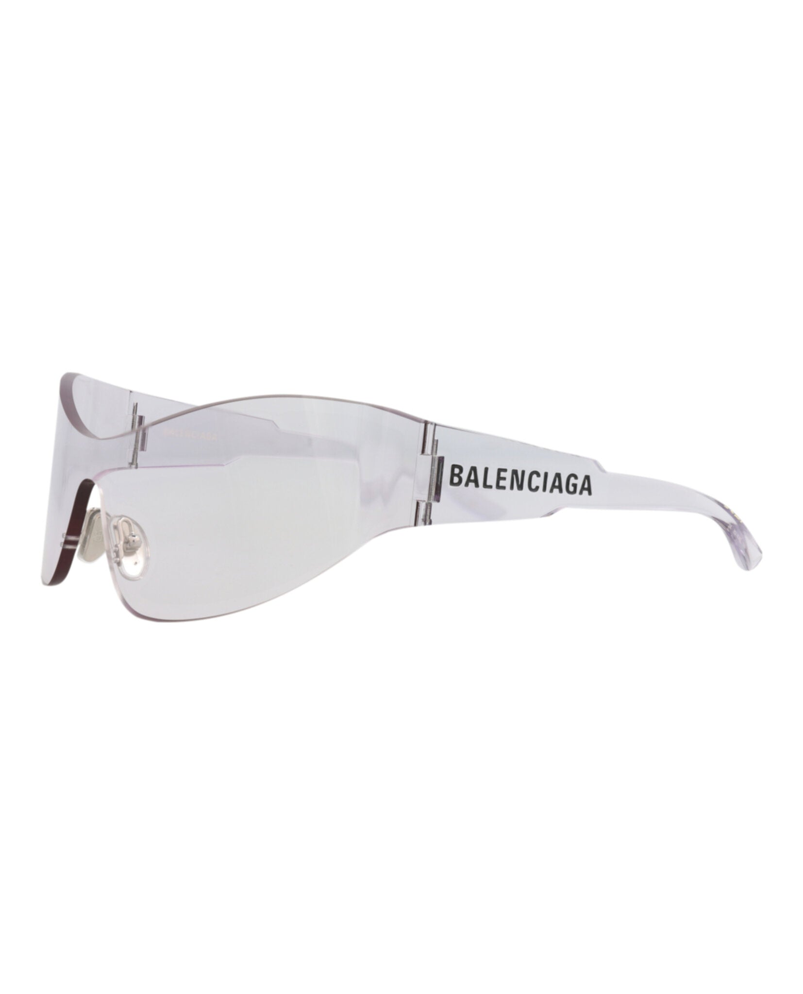 Black Balenciaga shield sunglasses, side profile showing 125mm temple
