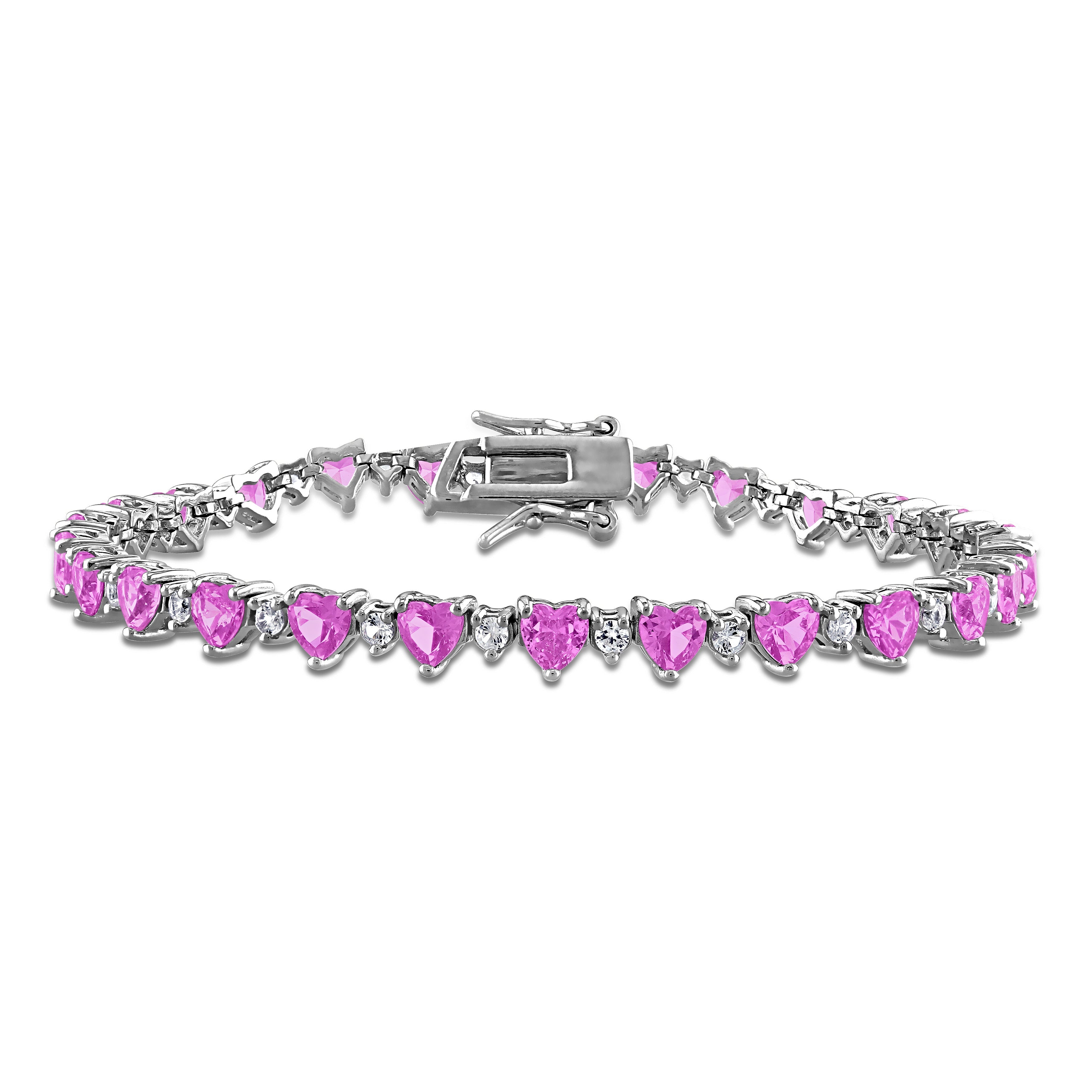 Pink heart-cut created sapphire tennis bracelet in sterling silver by Lord & Taylor, front view