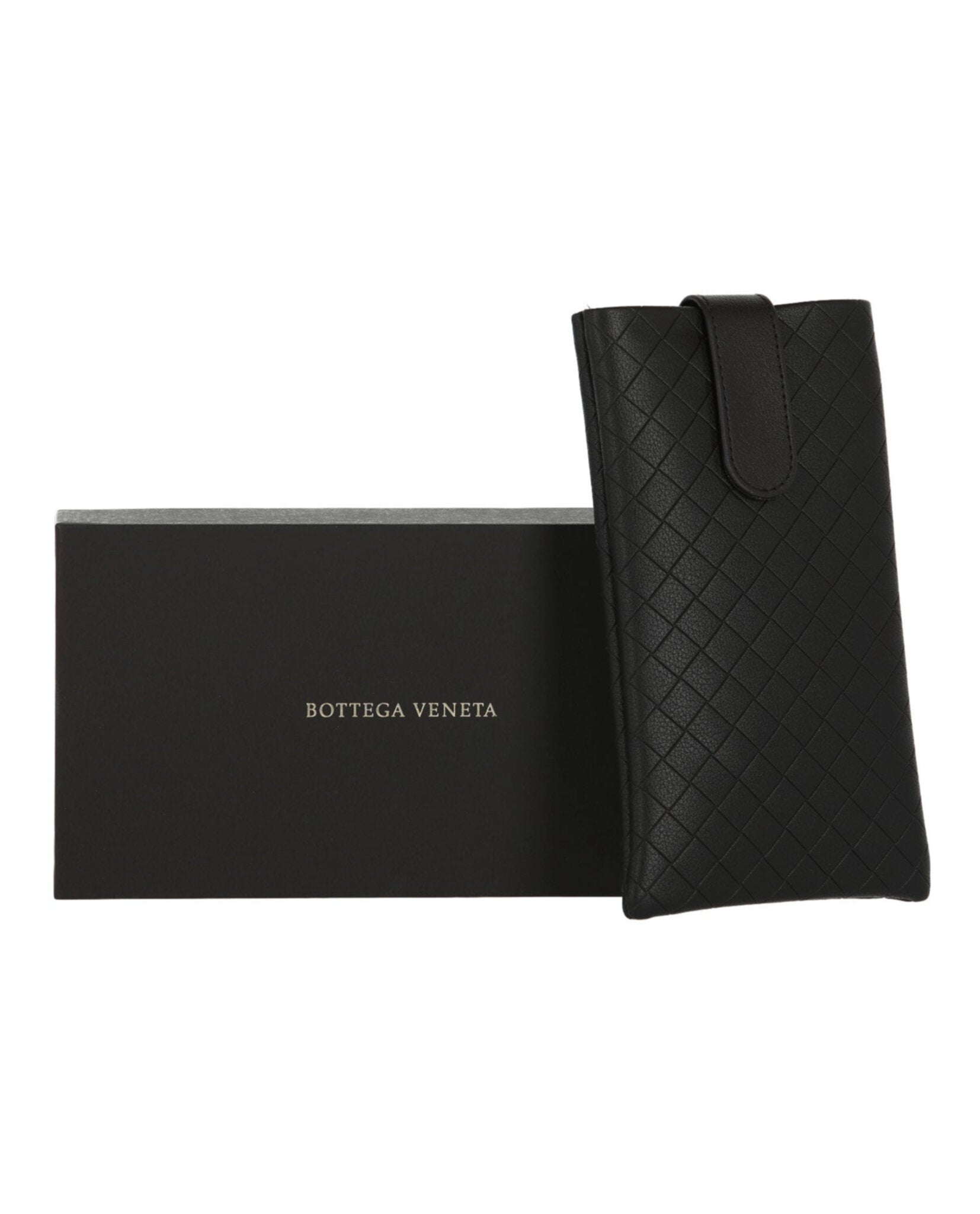 Black rectangle-frame sunglasses by Bottega Veneta, angled view