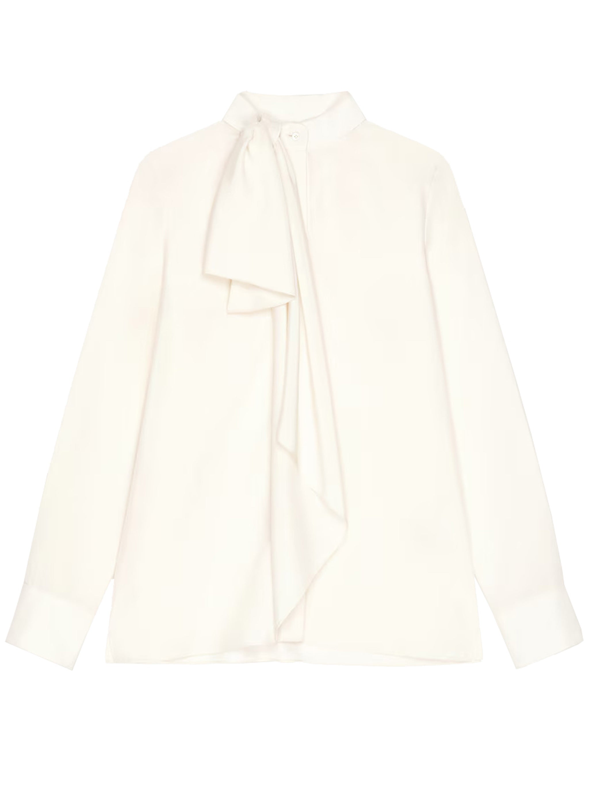 White silk blouse with bow detail at neckline by Givenchy, front view