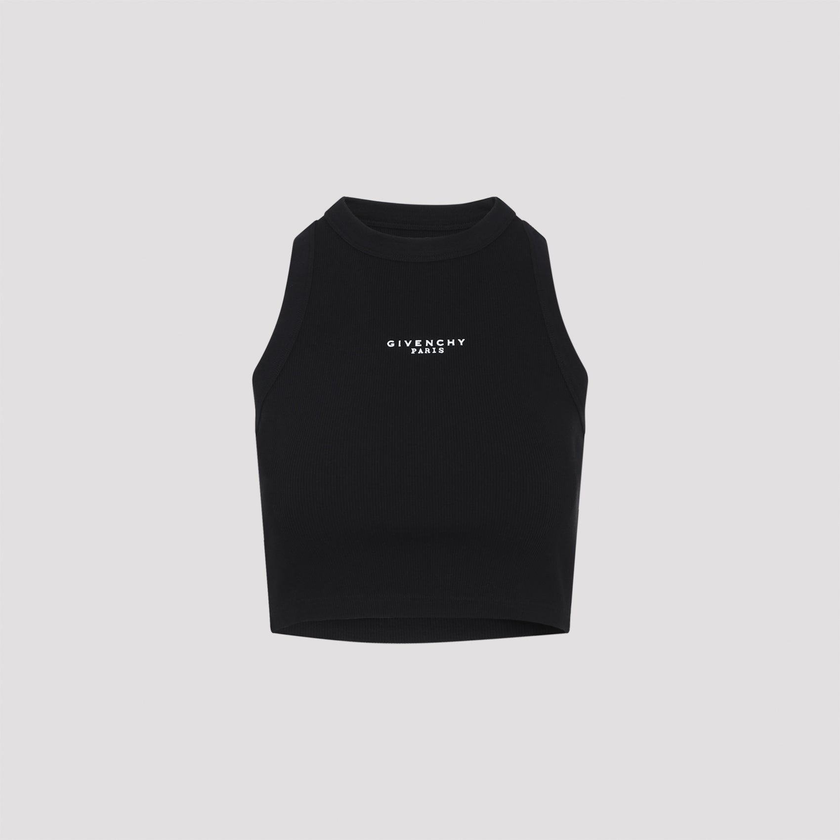 Black Givenchy crop top with crew neckline, back view