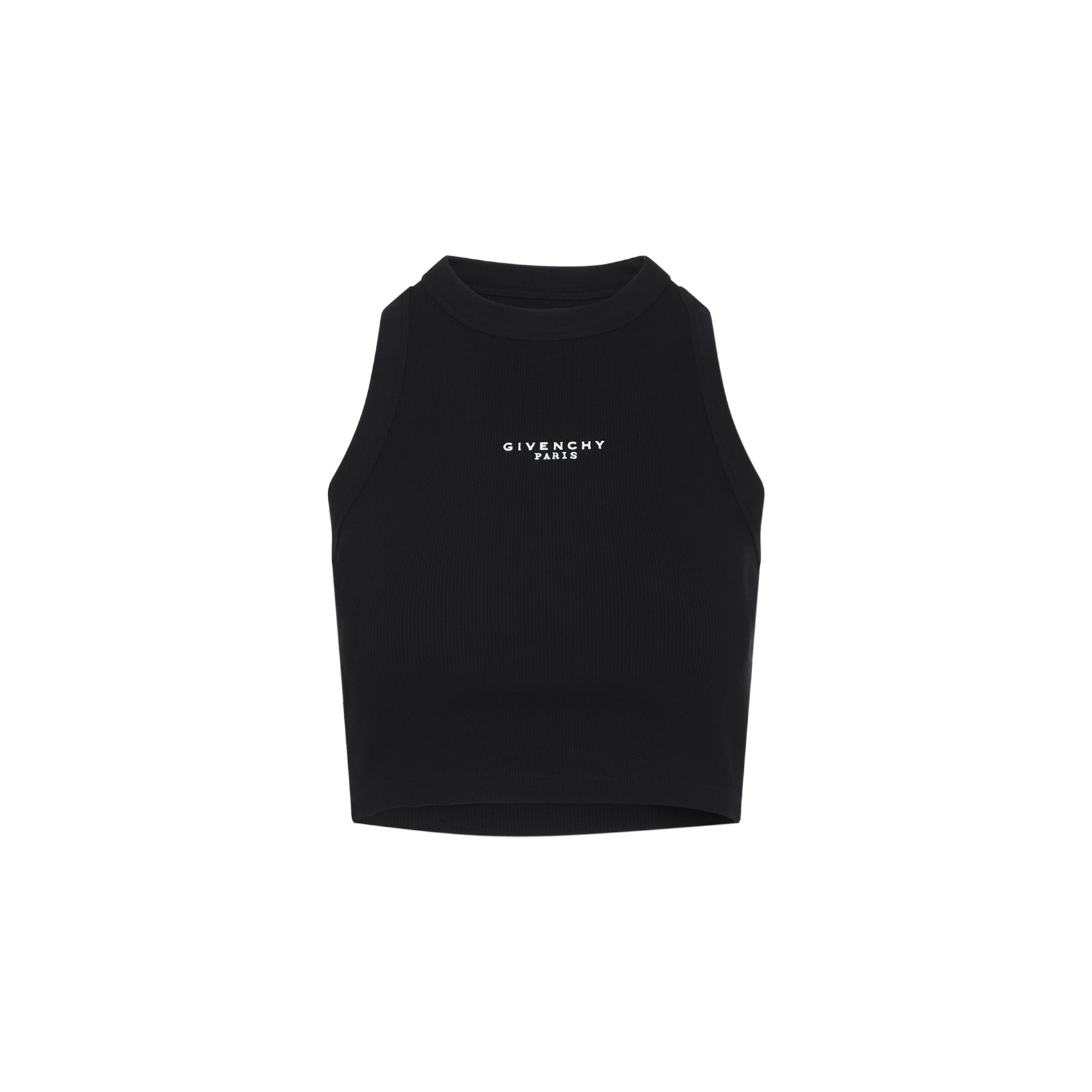 Black Givenchy sleeveless crop top with logo, front view