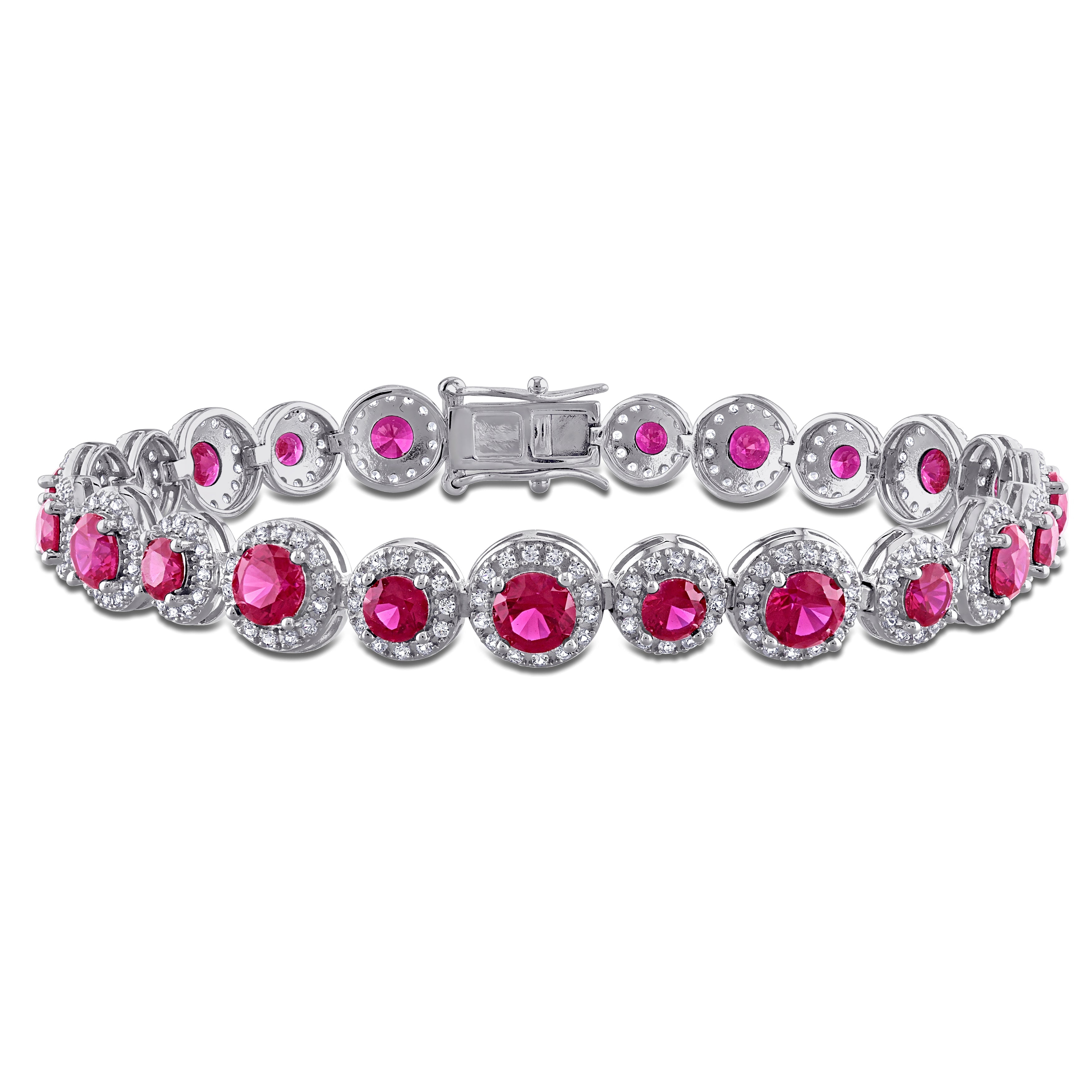 Ruby and white sapphire halo tennis bracelet in sterling silver, front view by Lord & Taylor