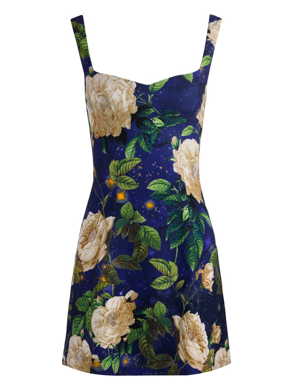 Blue floral mini dress with green leaves, front view by Alice + Olivia