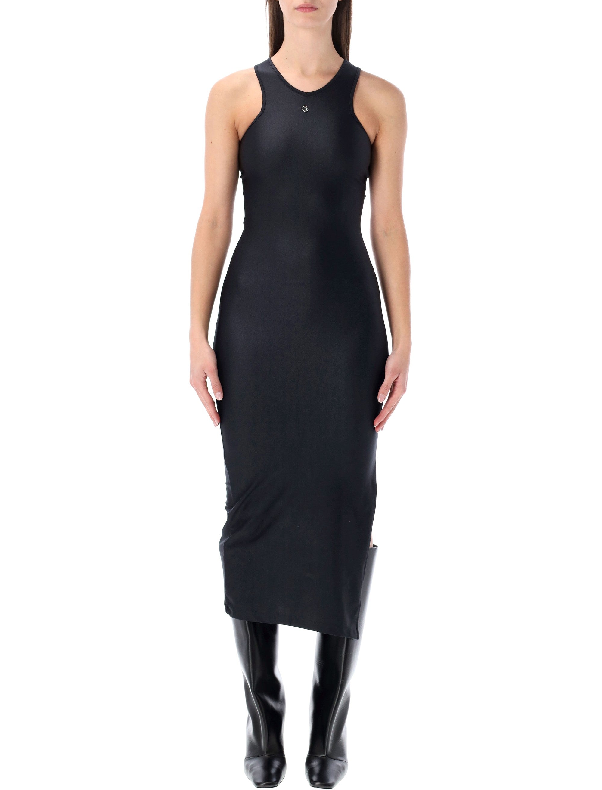 Black Coperni sleeveless midi dress with side slit, side view