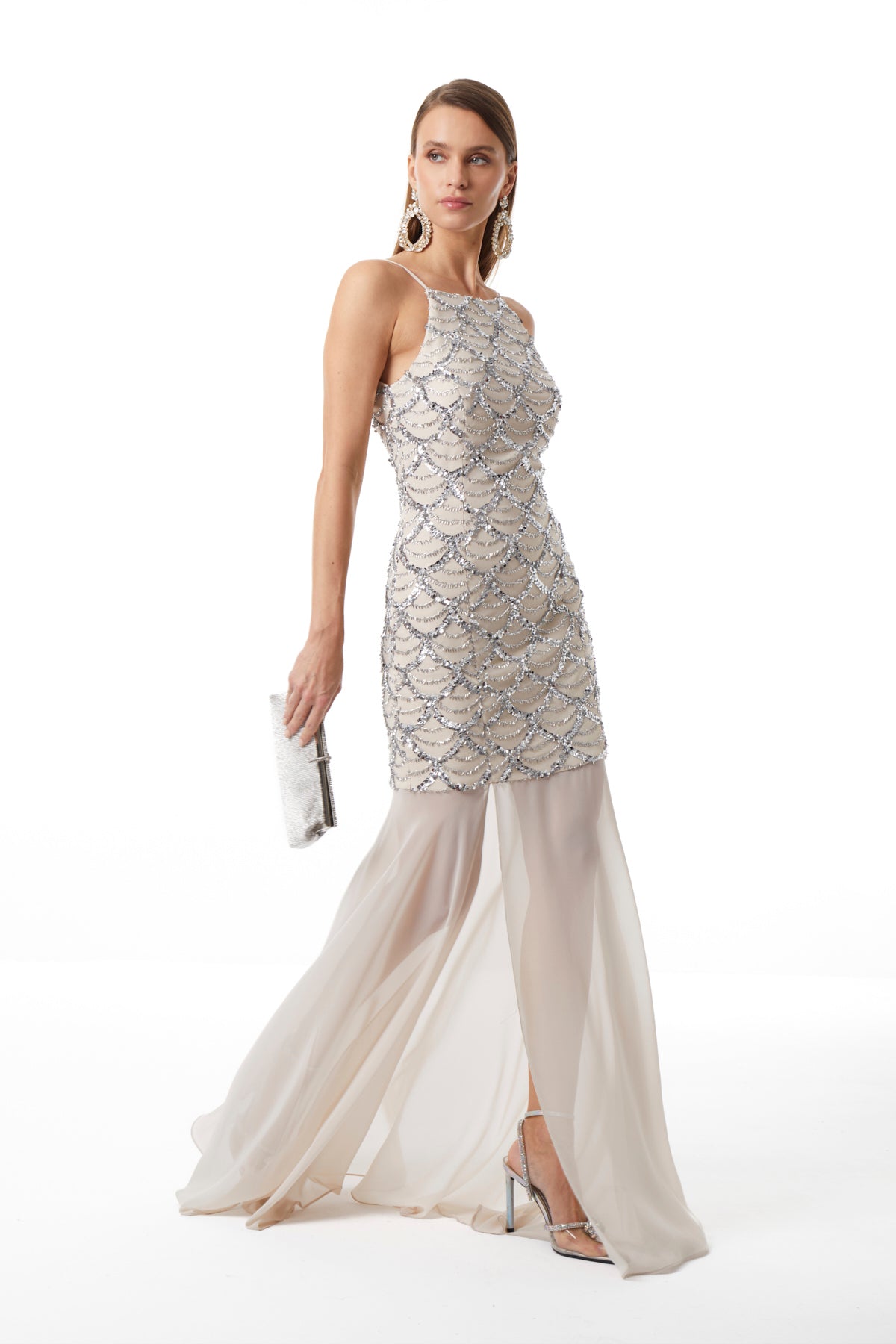 Silver scalloped sequin pattern on ecru maxi dress, detail view