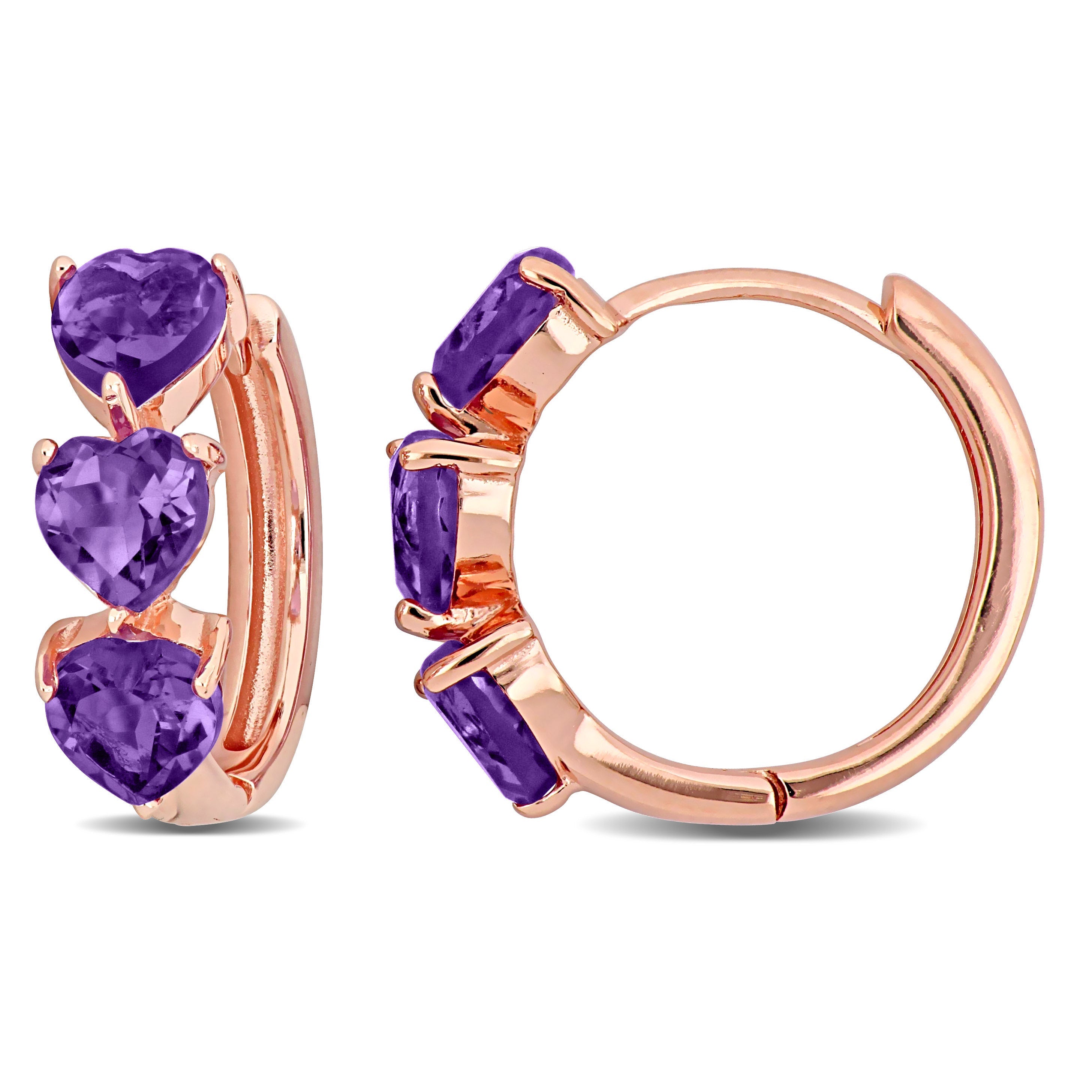 Amethyst heart gemstone huggie hoops with rose plating, front view by Lord & Taylor