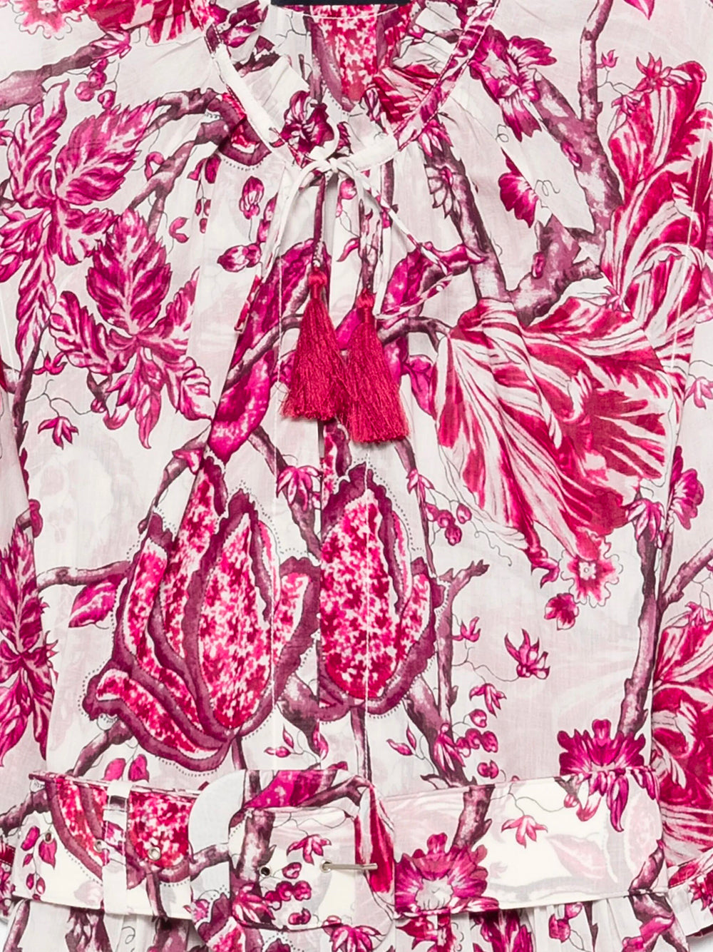 Pink and white floral print maxi dress by Samantha Sung, detail view
