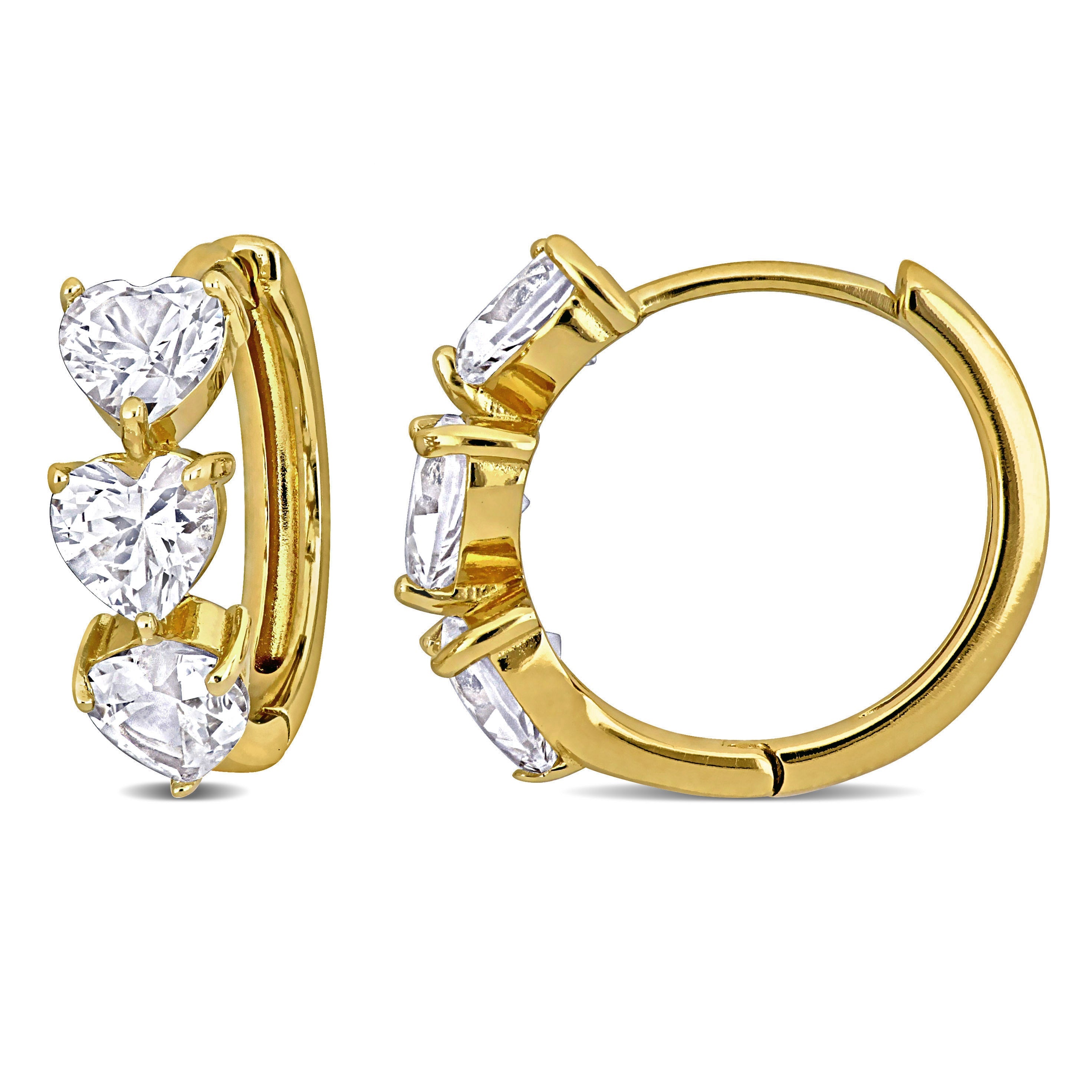Created white sapphire heart huggie hoops with yellow plating, front view by Lord & Taylor