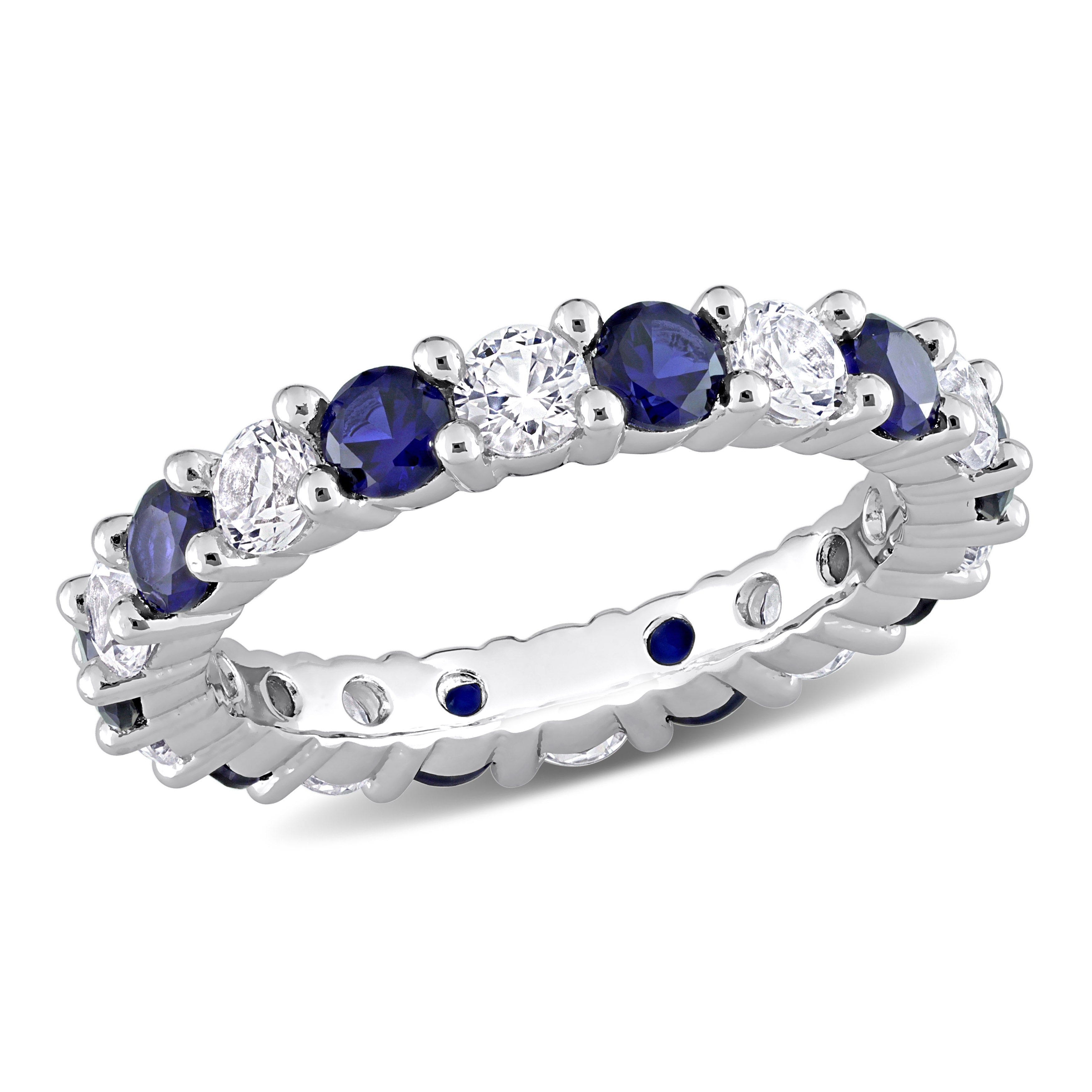 Blue sapphire sterling silver eternity band, top view by Lord & Taylor