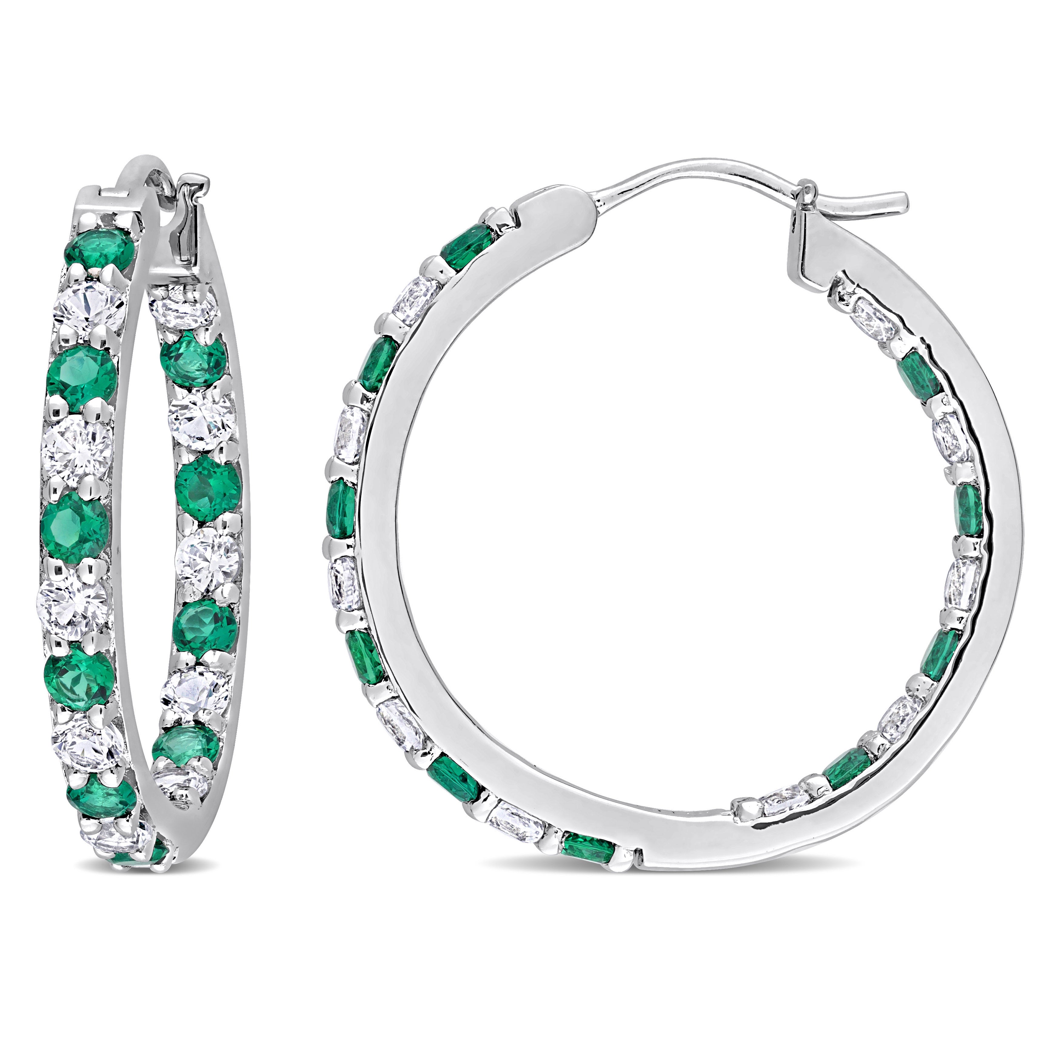 Emerald and white sapphire sterling silver hoop earrings, front view by Lord & Taylor