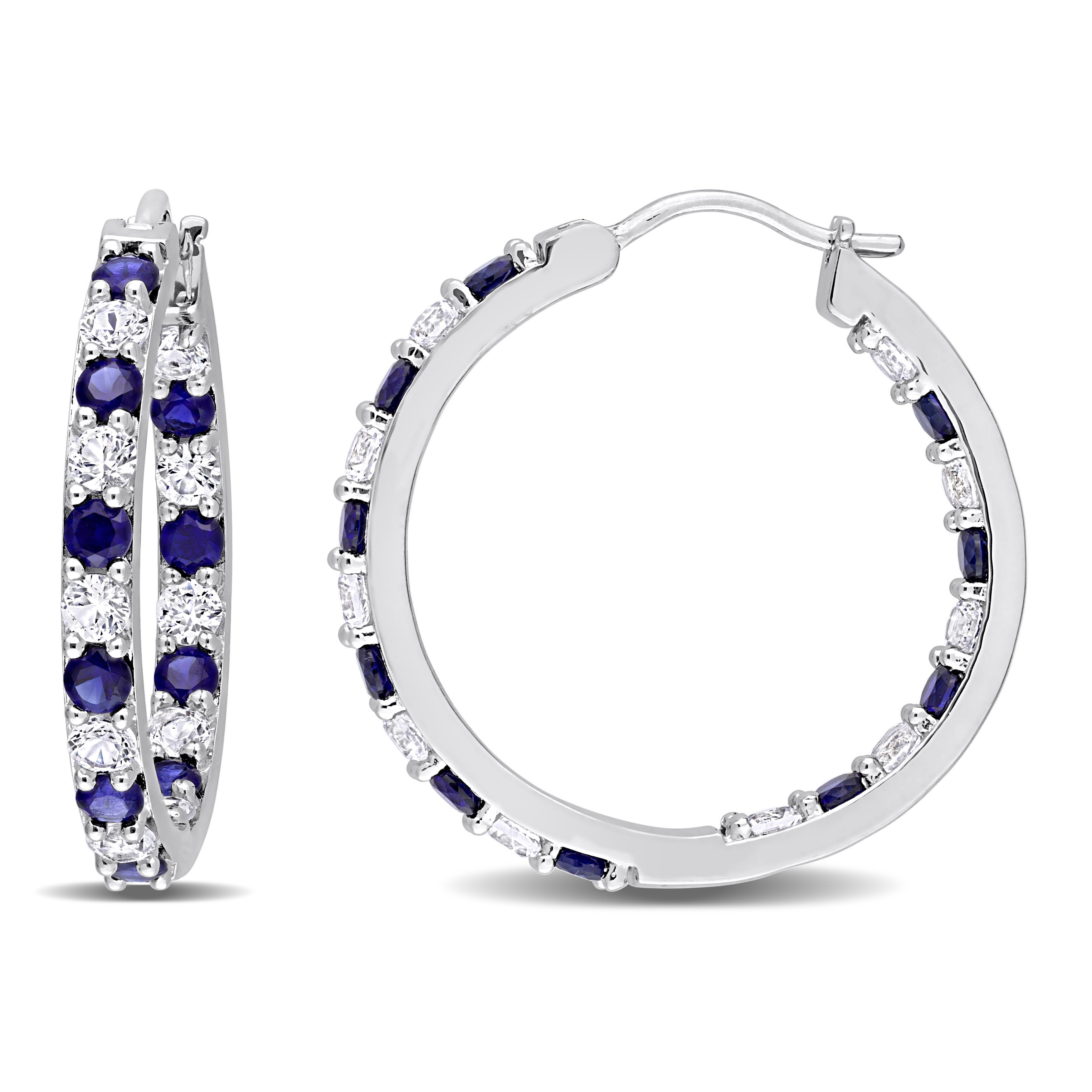 Blue sapphire and white sapphire sterling silver hoop earrings, front view by Lord & Taylor