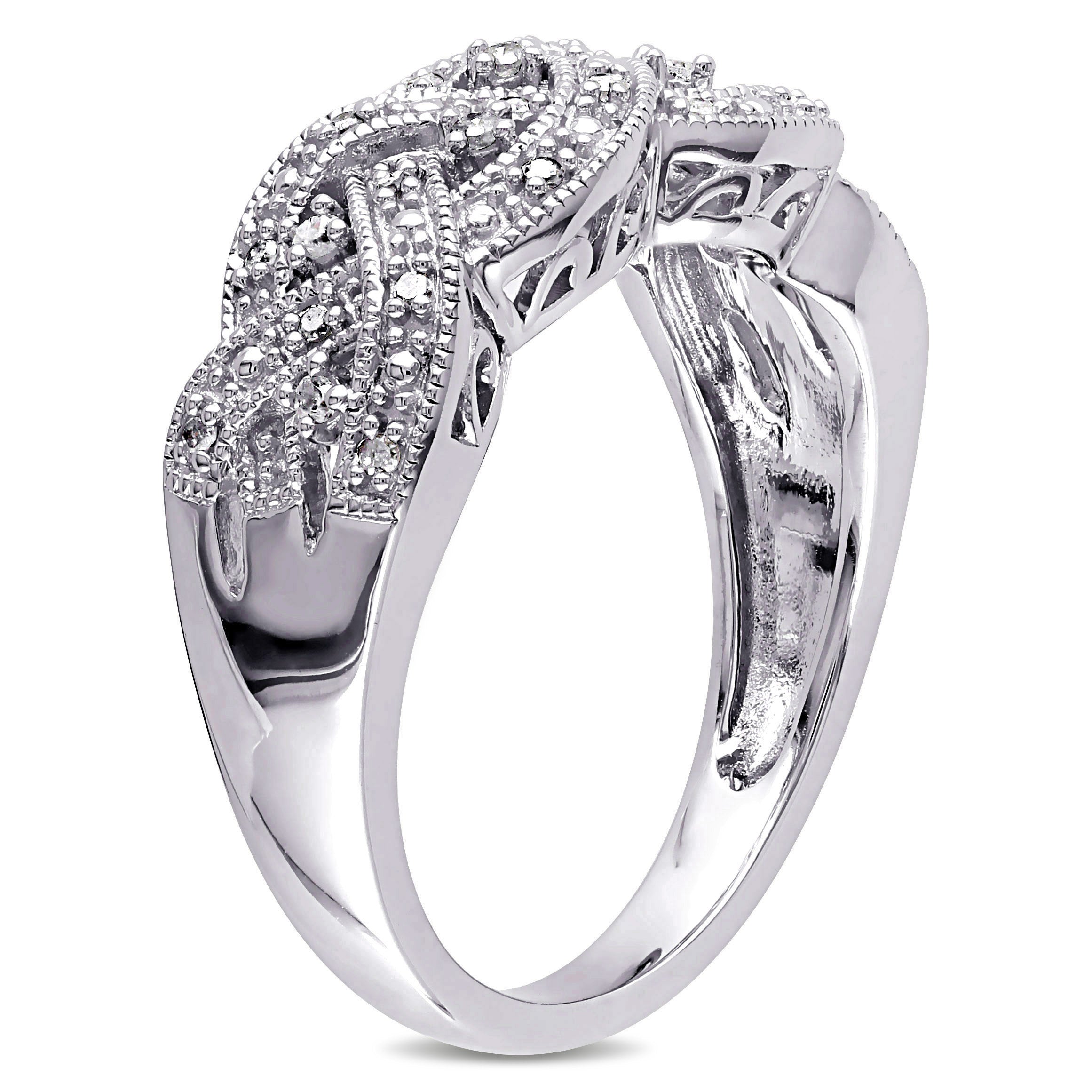 Sterling silver diamond braided ring showing band detail, side angle by Lord & Taylor