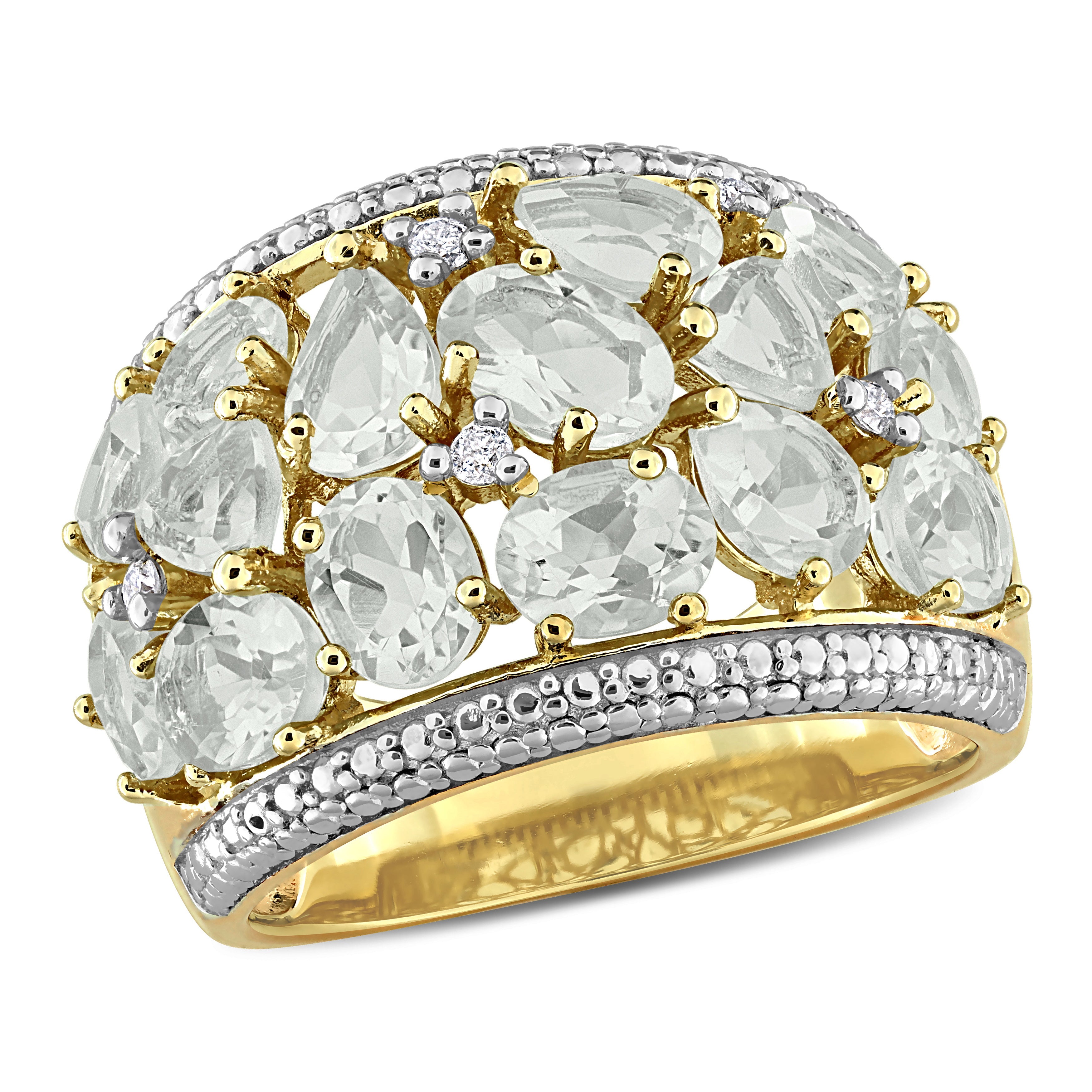 Green quartz gemstone cocktail ring in yellow-tone sterling silver, front view
