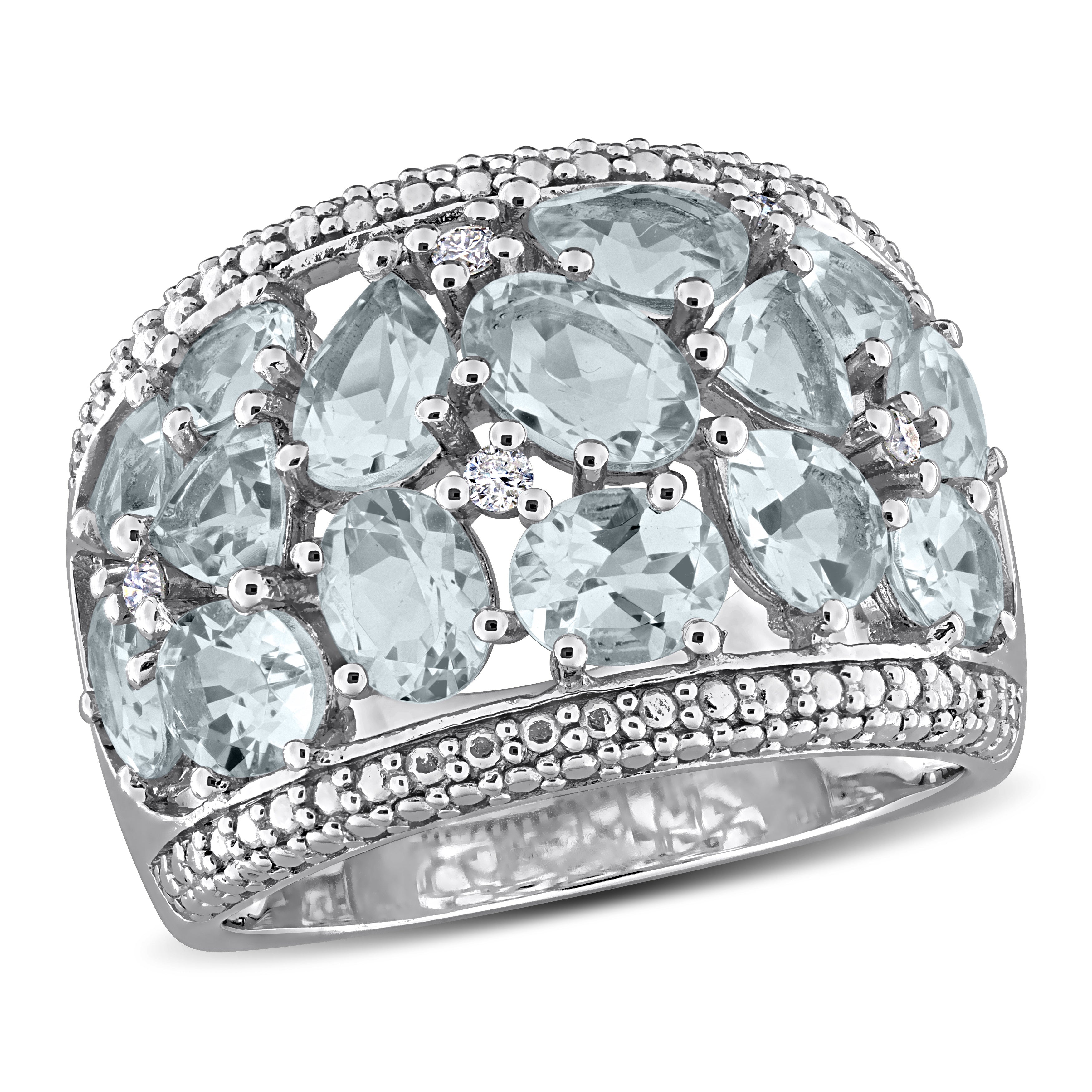 Aquamarine gemstone cocktail ring in sterling silver, front view by Lord & Taylor