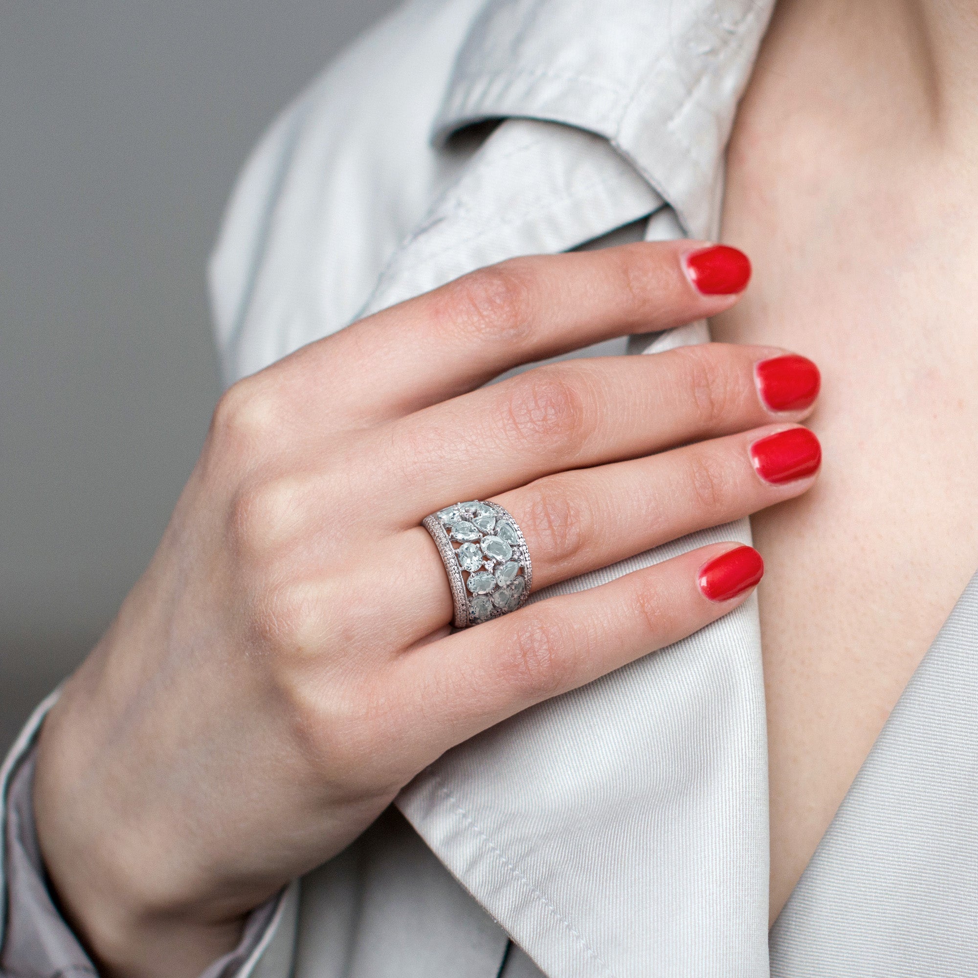 Aquamarine gemstone cocktail ring worn on hand, lifestyle view