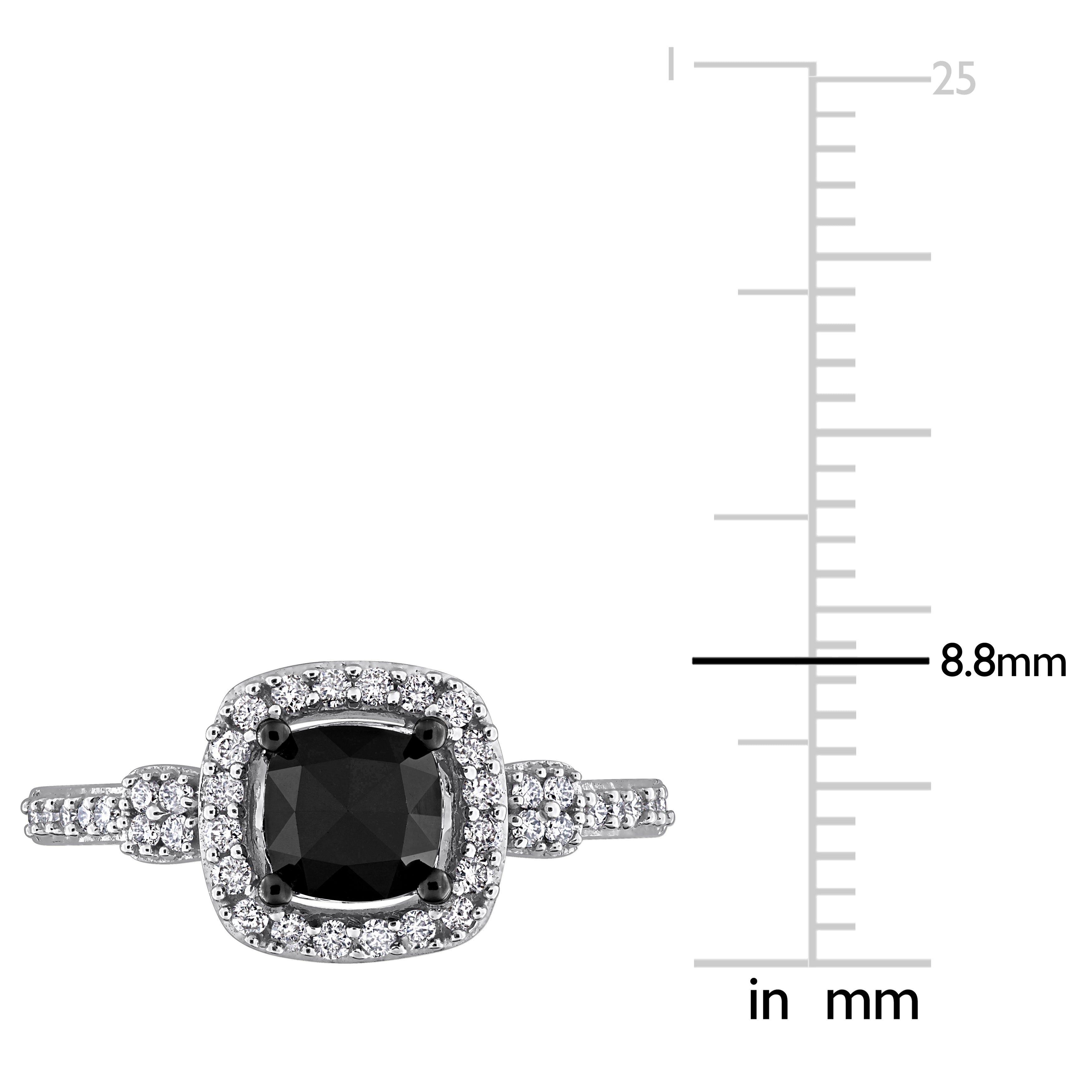 Cushion-cut black diamond with white diamond halo detail, close-up by Lord & Taylor