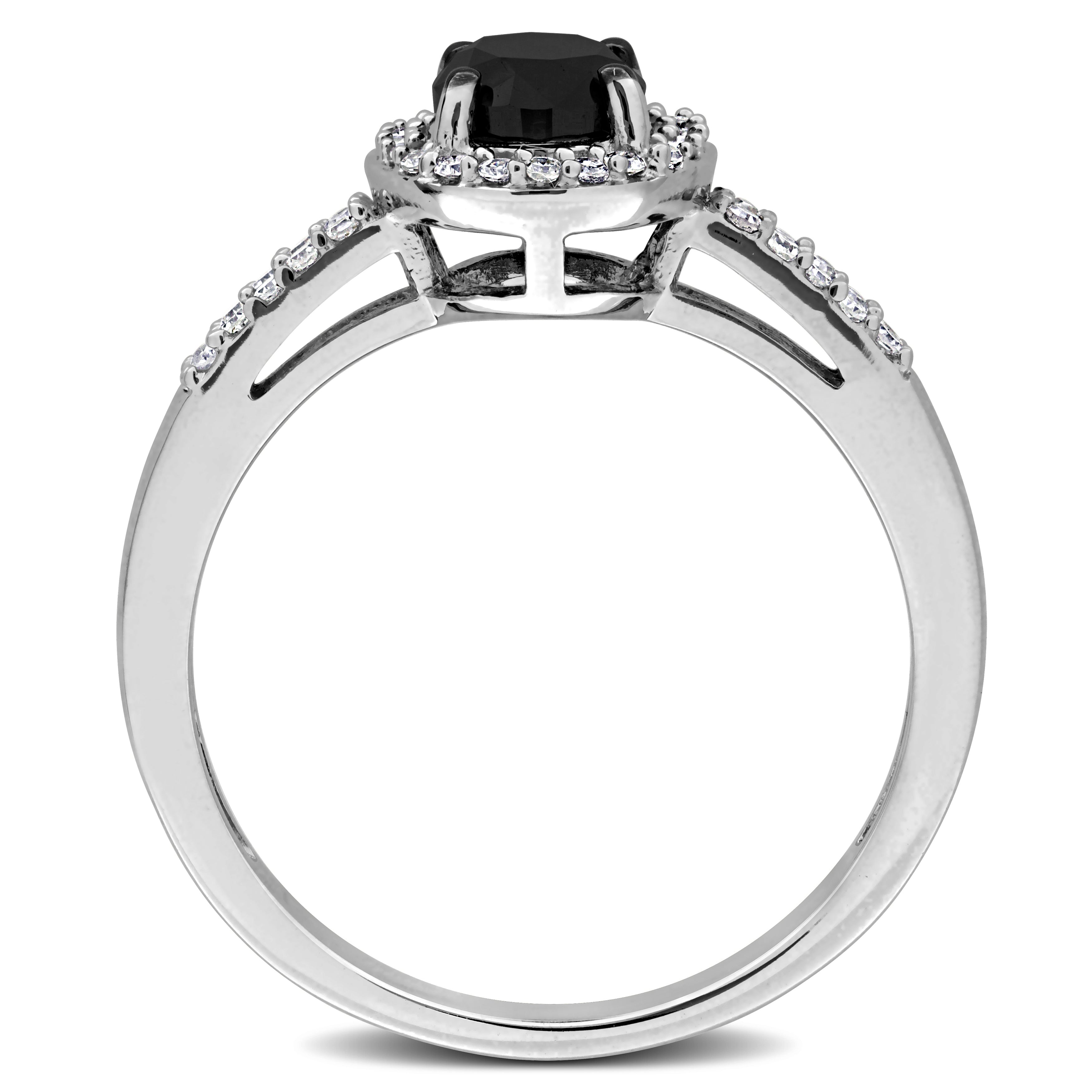 White gold oval halo engagement ring with black diamond by Delmar, side profile