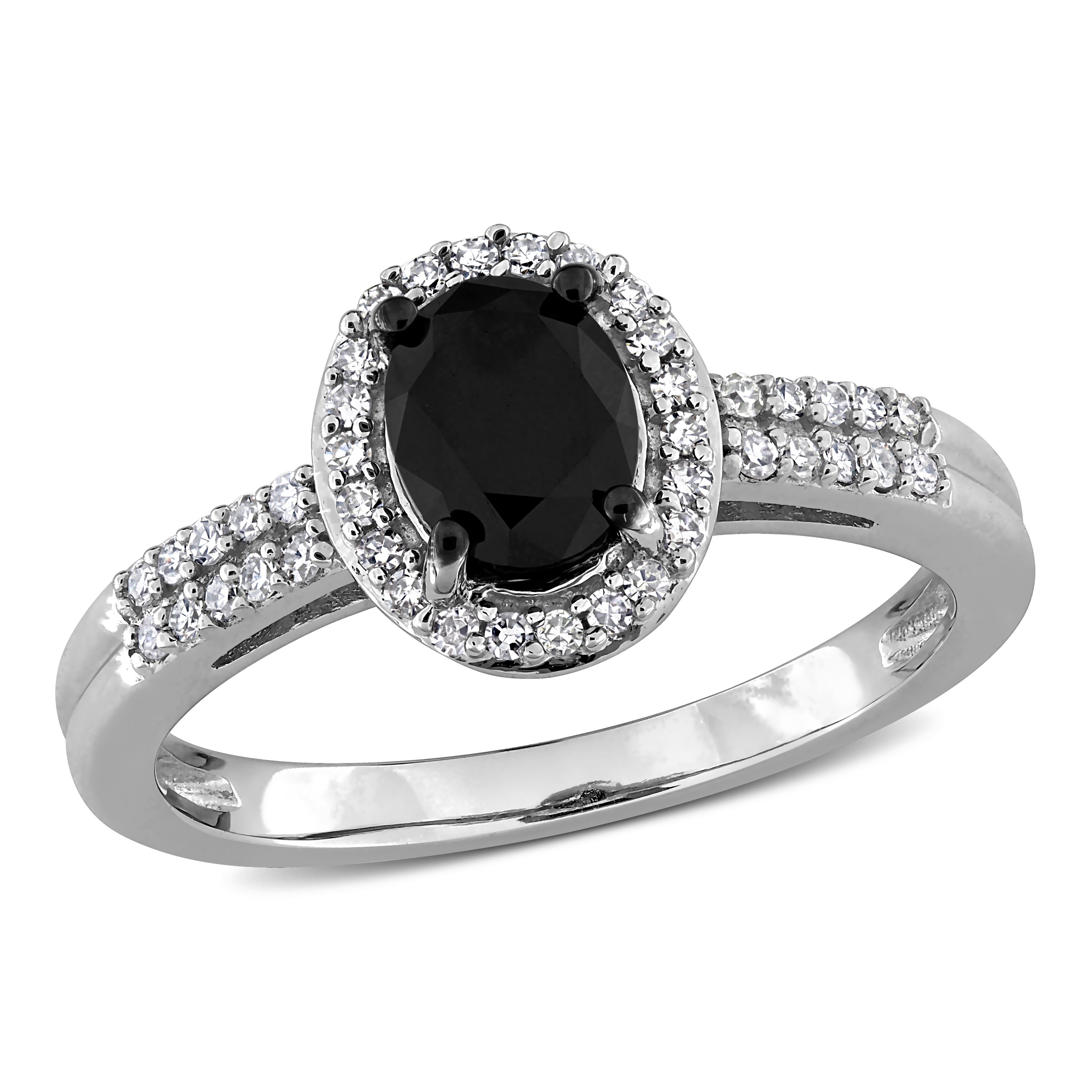 White gold oval halo engagement ring with black diamond by Delmar, front view