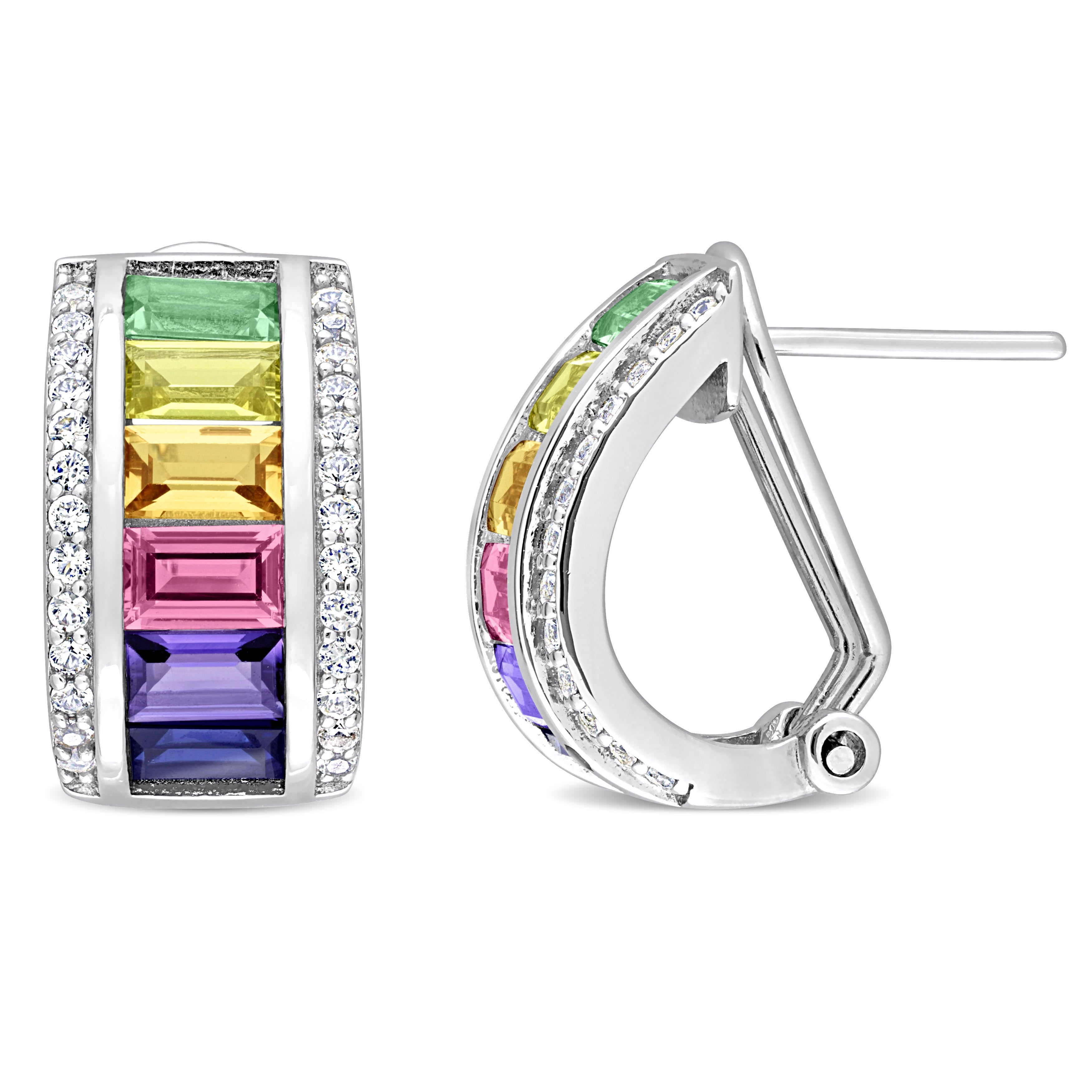 Multicolor created sapphire hoop earrings in sterling silver, front view by Lord & Taylor
