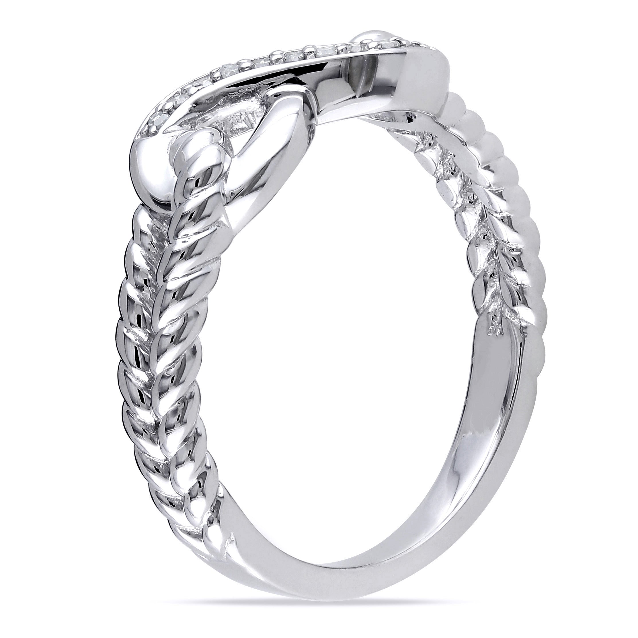 Sterling silver diamond infinity ring, back view showing band
