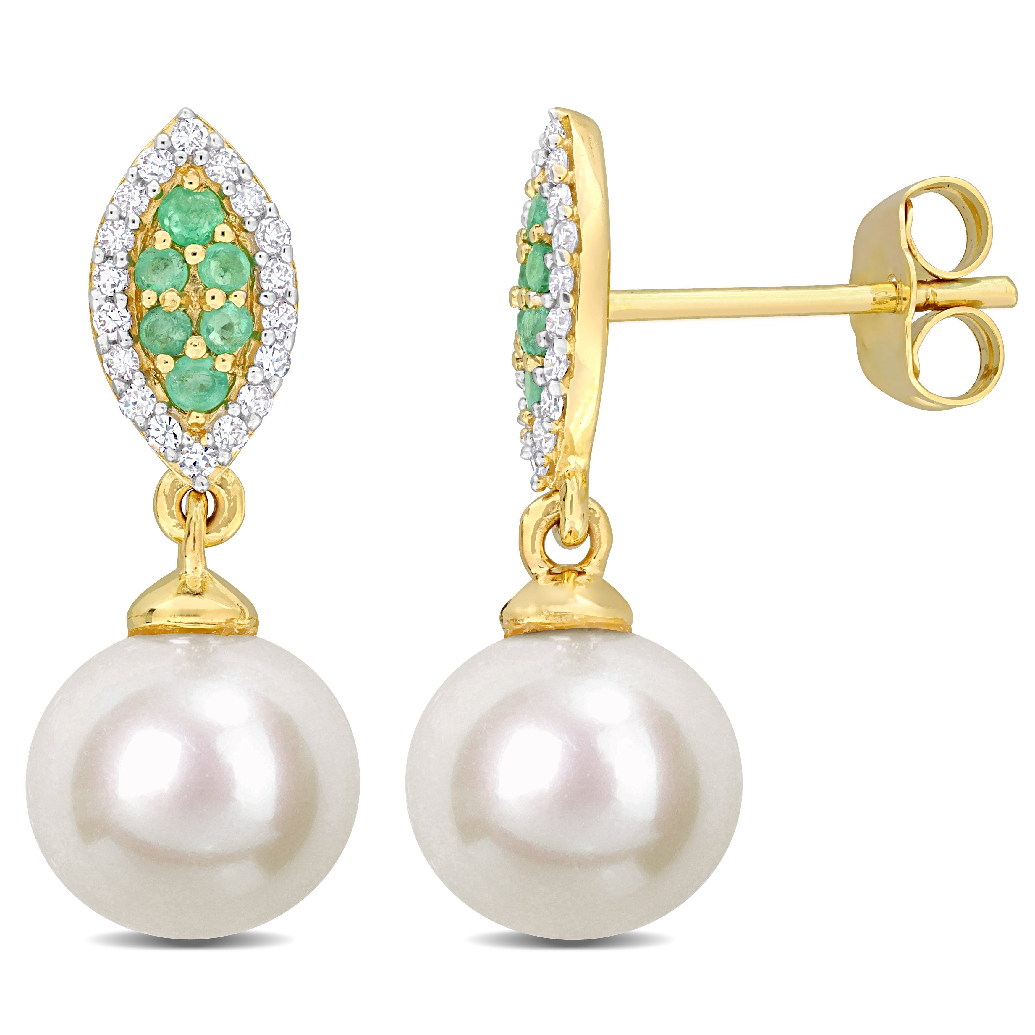 Cultured Freshwater Pearl Emerald & Diamond Marquise Shape Drop Earrings in 14k Yellow Gold Jewelry Lord & Taylor