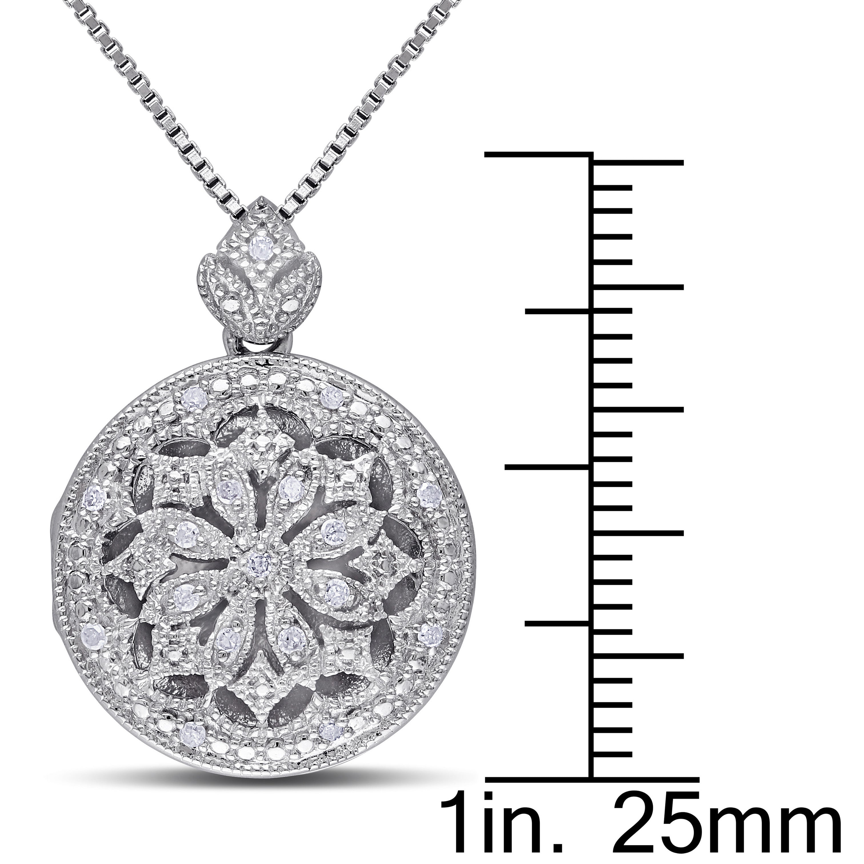 Sterling silver diamond locket pendant necklace by Lord & Taylor, close-up of floral detail