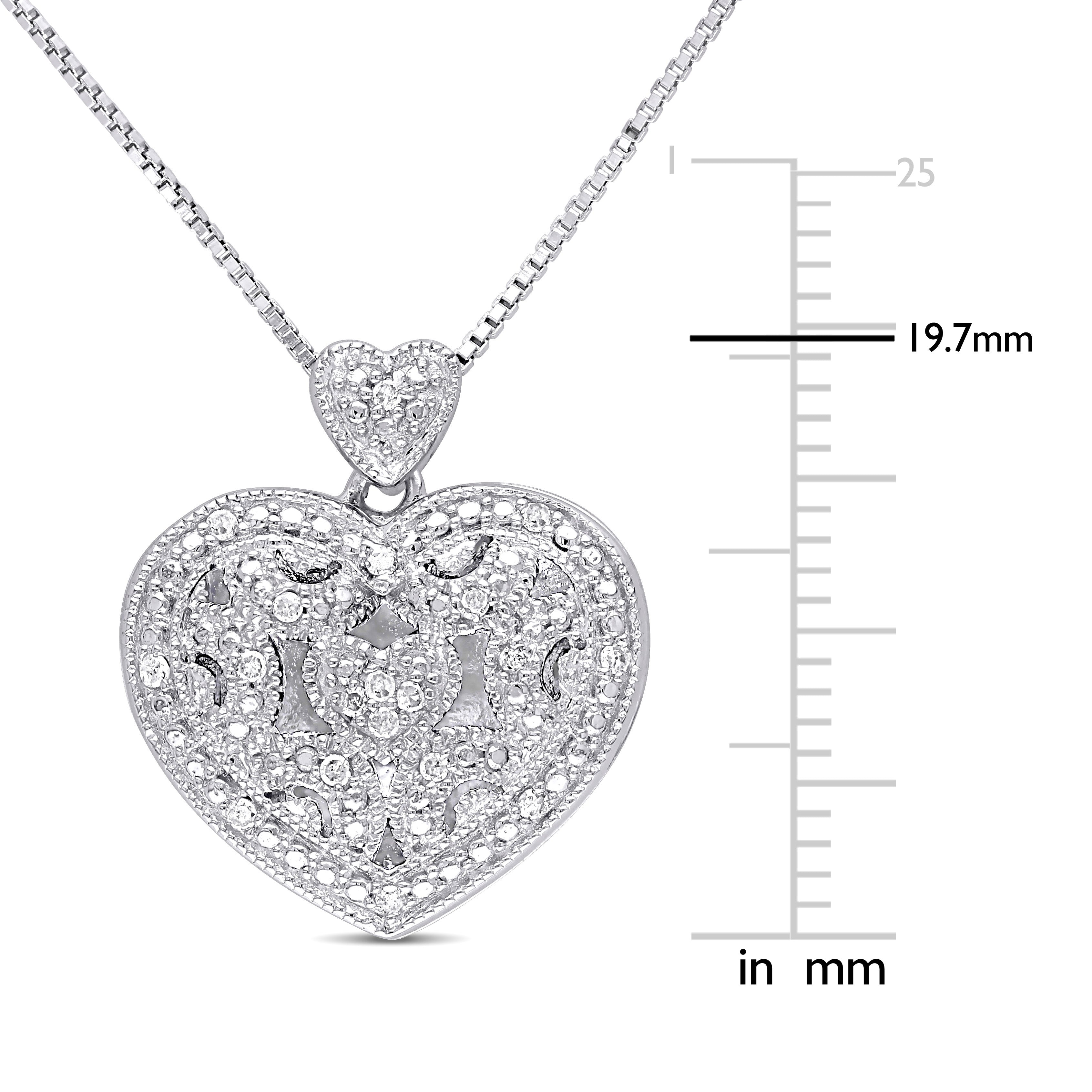 Side angle view of diamond heart locket pendant in sterling silver