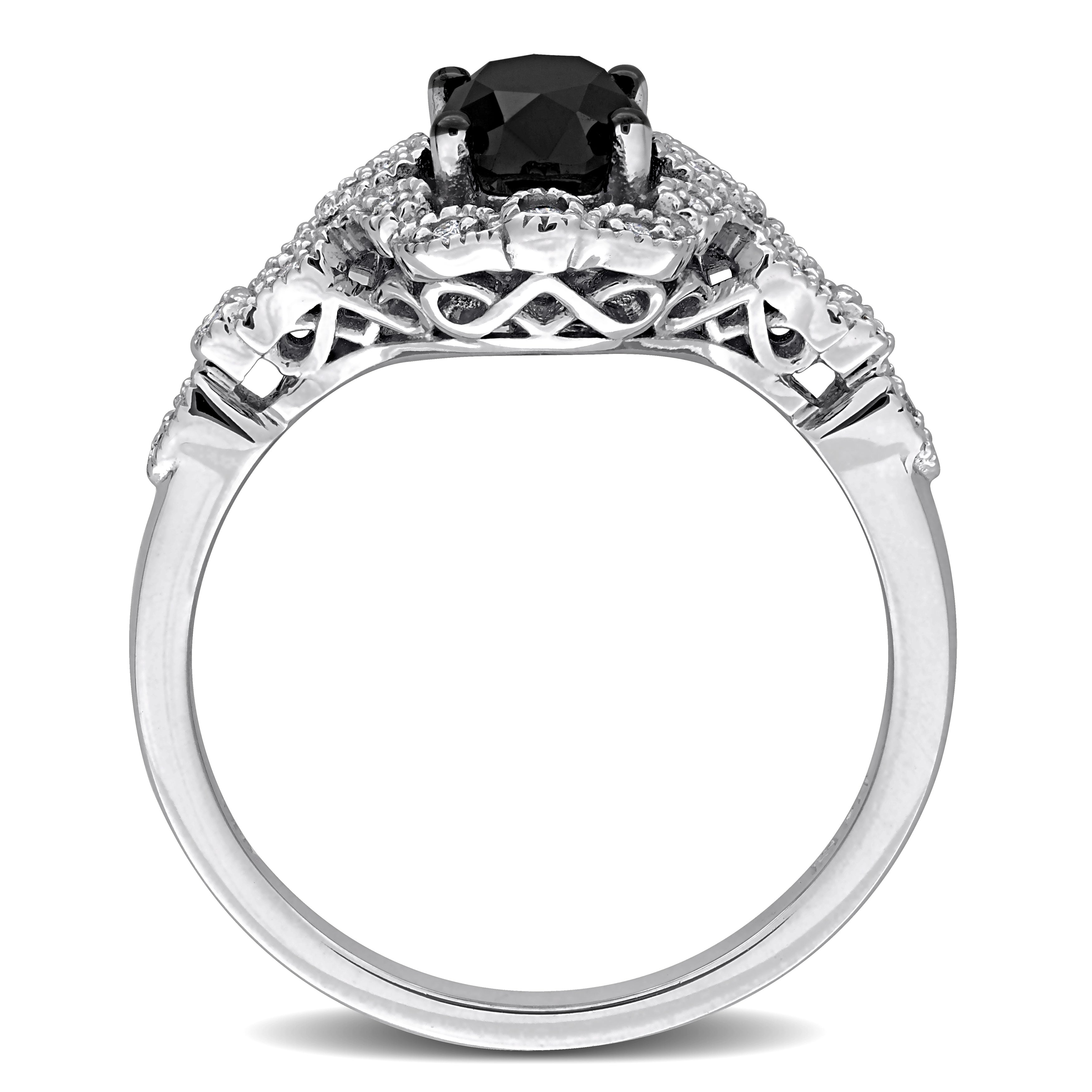 Lord & Taylor vintage halo ring with black rhodium plating, angled view